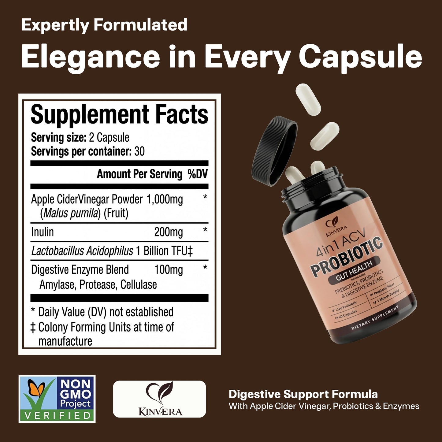 KINVERA 4-in-1 ACV Gut Formula Capsules, 60 Count