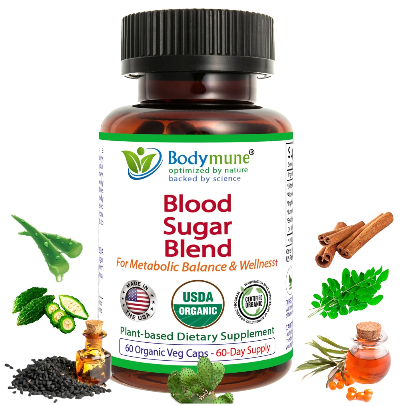 Bodymune Blood Sugar Blend Organic Blood Sugar Support Supplement with Bitter Melon, Moringa & Black Seed Oil Capsule 60 Capsules