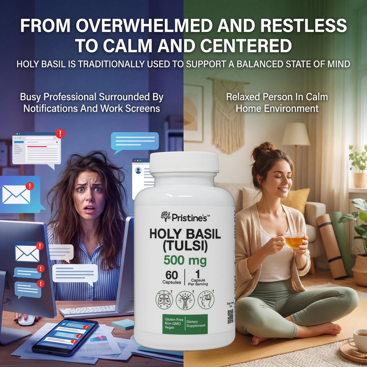 PRISTINE'S Holy Basil 500 mg Capsules - 60 Count