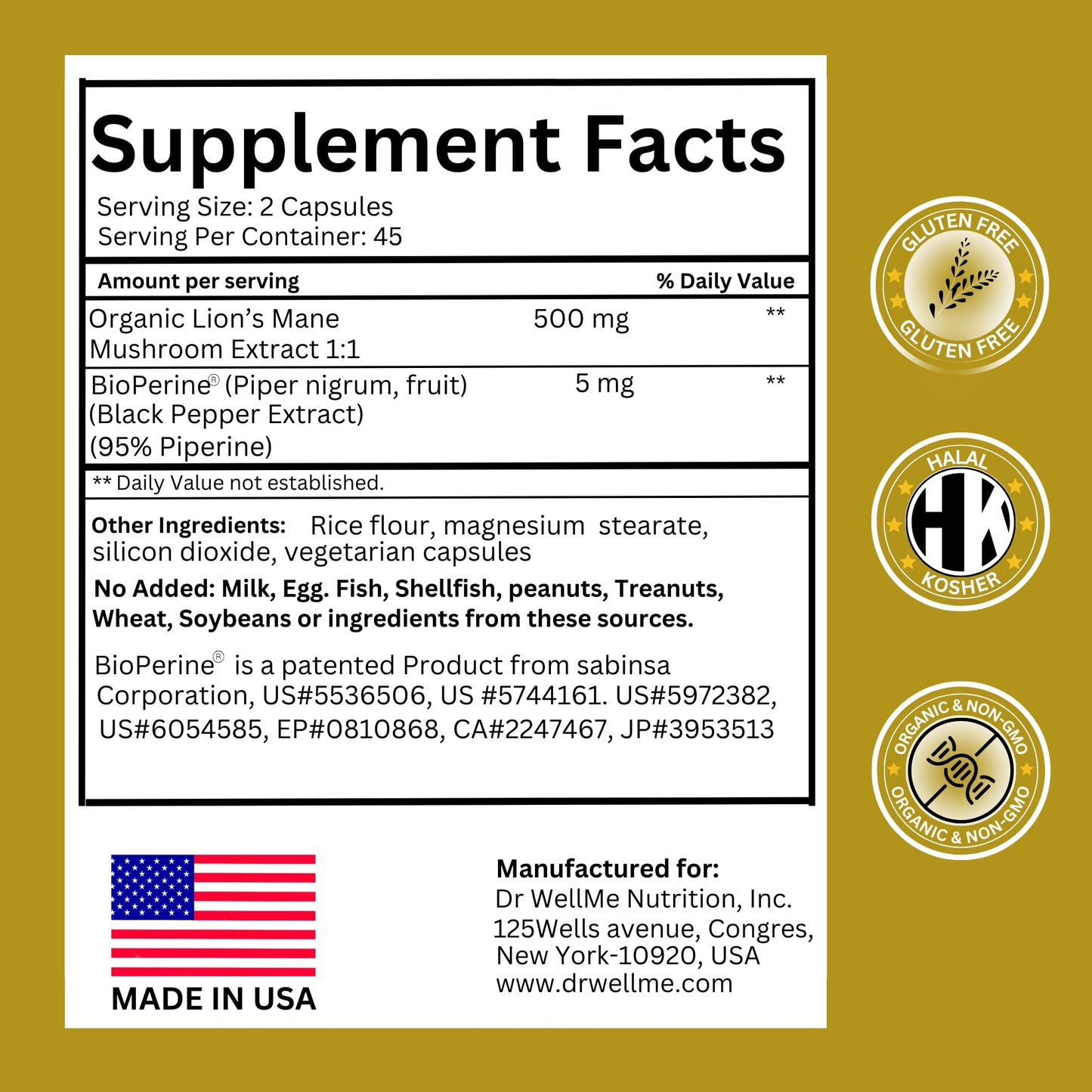 DR WELLME NUTRITION Organic Lion's Mane Mushroom Capsules, 90 Count