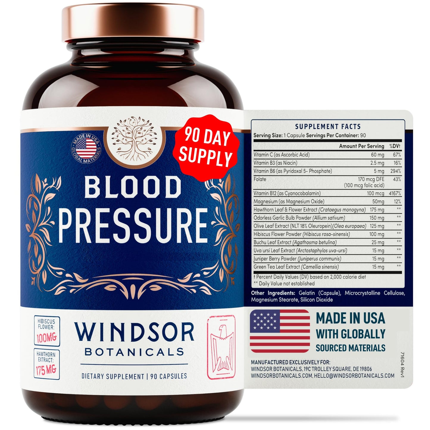 WINDSOR BOTANICALS Blood Pressure Support Supplement - Green Tea, Hibiscus, Hawthorn, Garlic - 90 Capsules