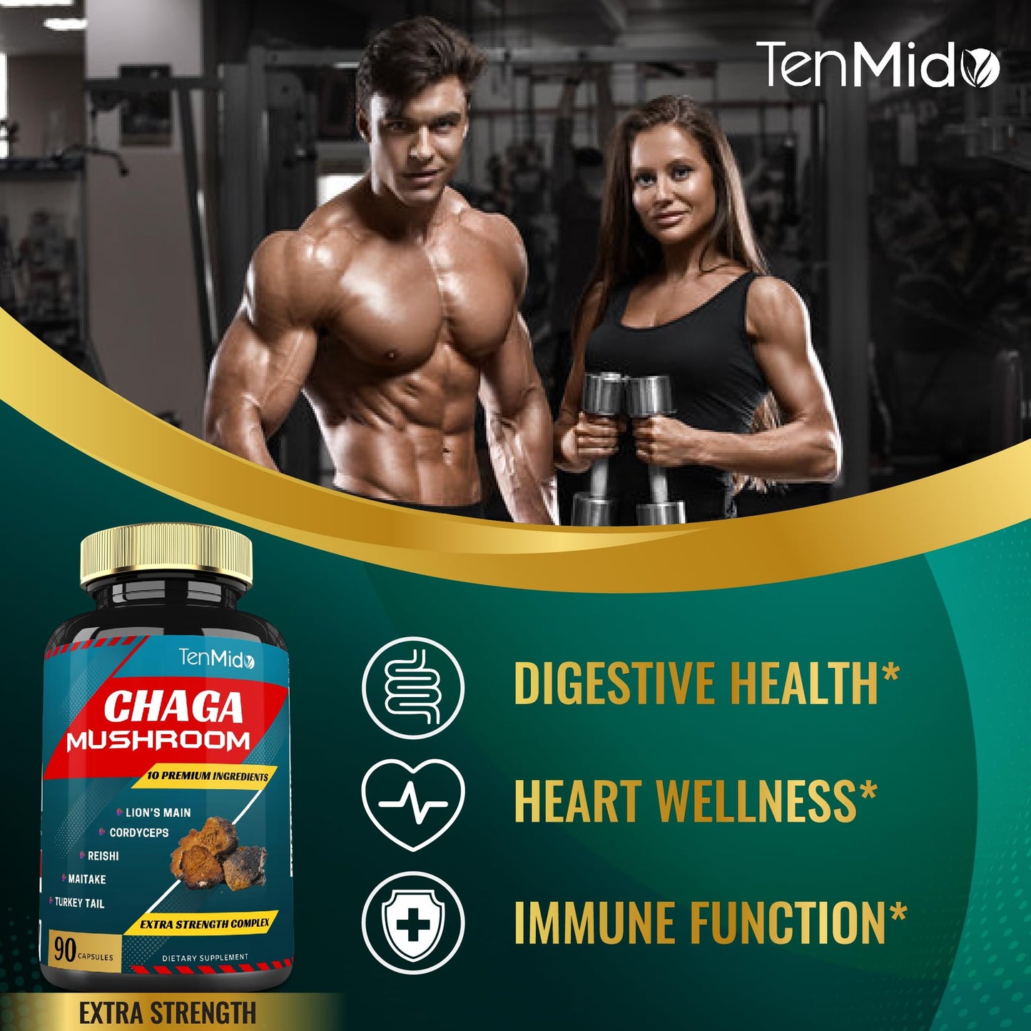 Tenmido Chaga Mushroom Extract Capsules with Lions Mane, Cordyceps and More, 90 Count