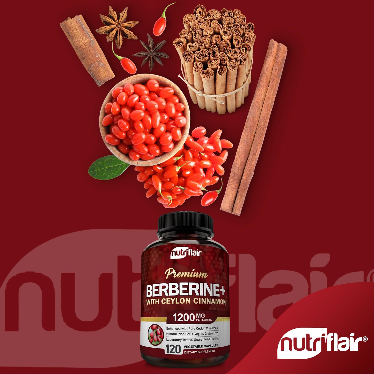 NutriFlair Premium Berberine HCL 1200mg Capsules, 120 Count