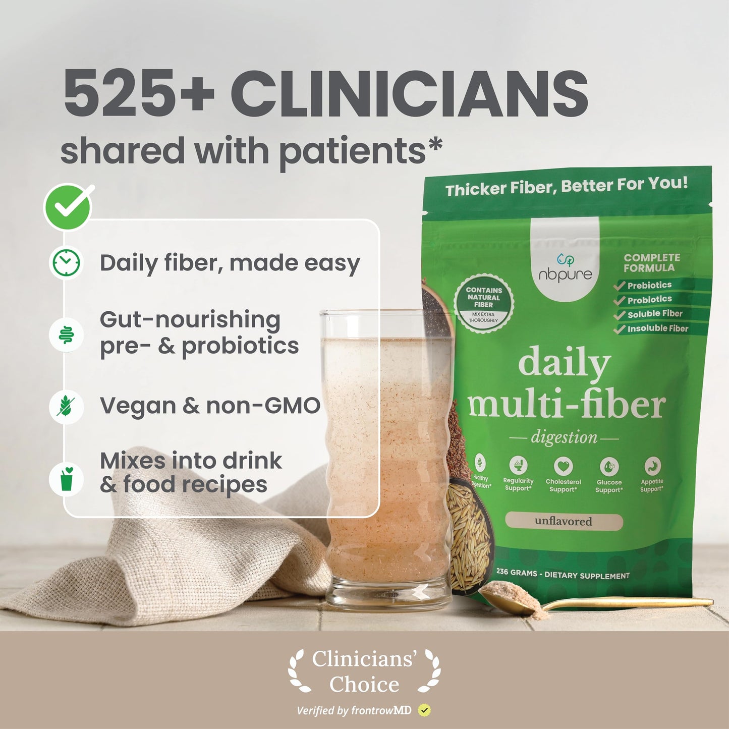 nbpure Daily Fiber Powder Blend for Digestive Health, Cholesterol Support, Healthy Weight Management - with Prebiotic, Insoluble, Soluble Fiber + 4 Probiotic Strains, Coconut Lime, Powder, 9.5 oz