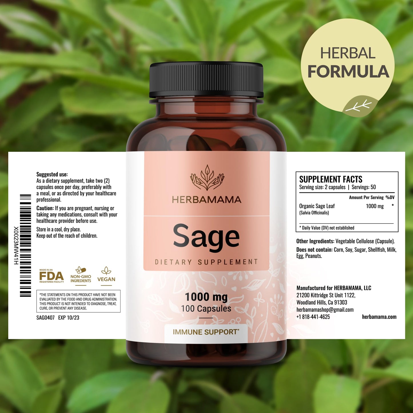 HERBAMAMA Sage Leaves Digestive & Brain Support, 100 Capsules