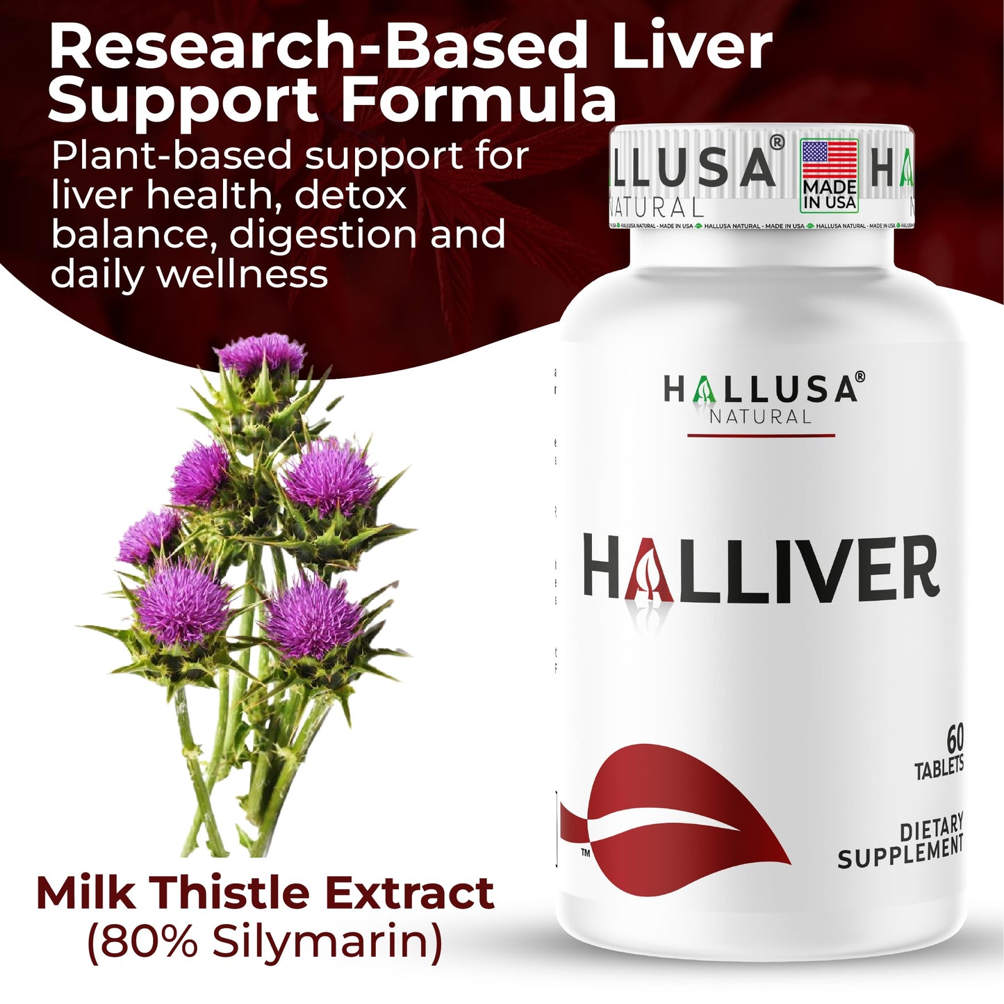 Hallusa Natural Halliver Liver Supplement with Milk Thistle, 60 Tablets