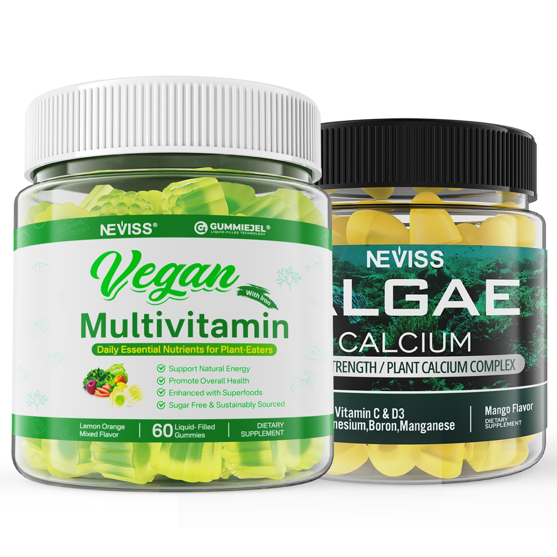 NEVISS Algae Calcium Gummies 600mg with Vegan Multivitamin for Women and Men, 180 Gummies
