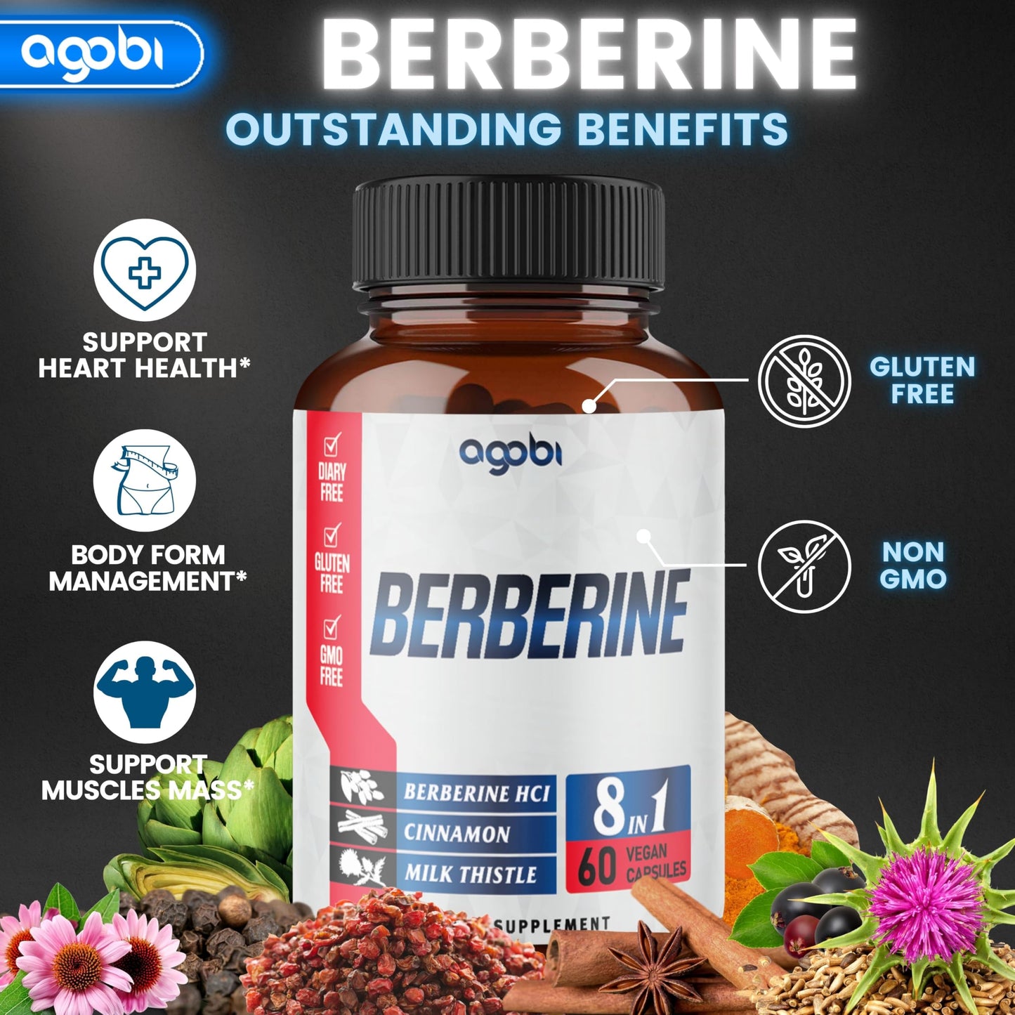 agobi Berberine Supplement with Ceylon, Milk Thistle, Turmeric, Elderberry & More, 60 Capsules