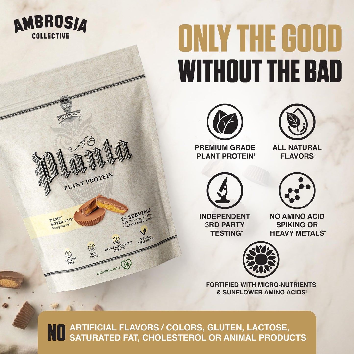 Ambrosia Plant Based Pea Protein Powder, 25 Servings, Peanut Butter Cup