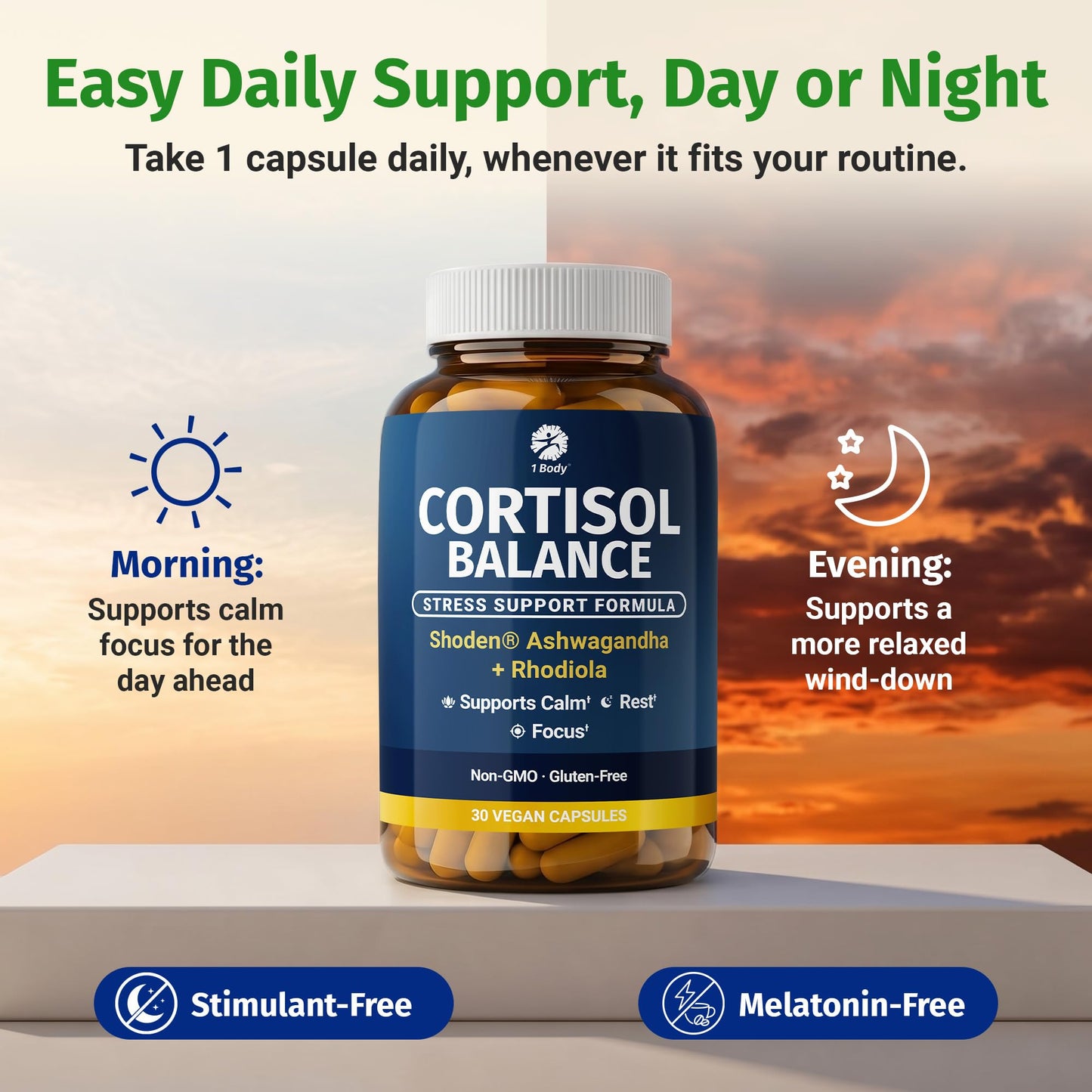 1 Body Cortisol Support with Ashwagandha & Saffron 30 Capsules
