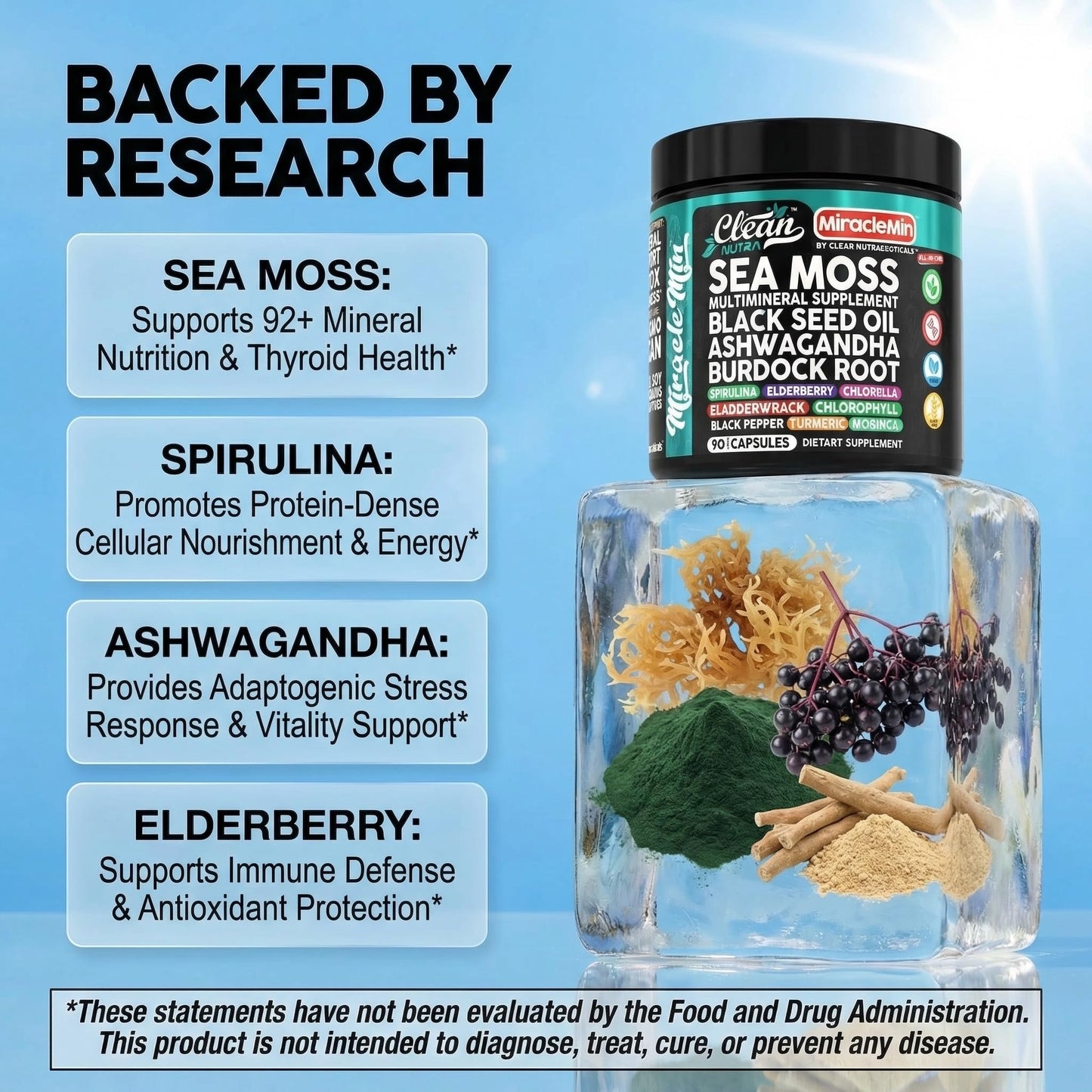 Clean Nutraceuticals Organic Sea Moss Capsules with Ashwagandha, Black Seed Oil, Burdock Root, Bladderwrack, Moringa, Chlorella, Spirulina, Turmeric, Elderberry, Amla, 90 Capsules