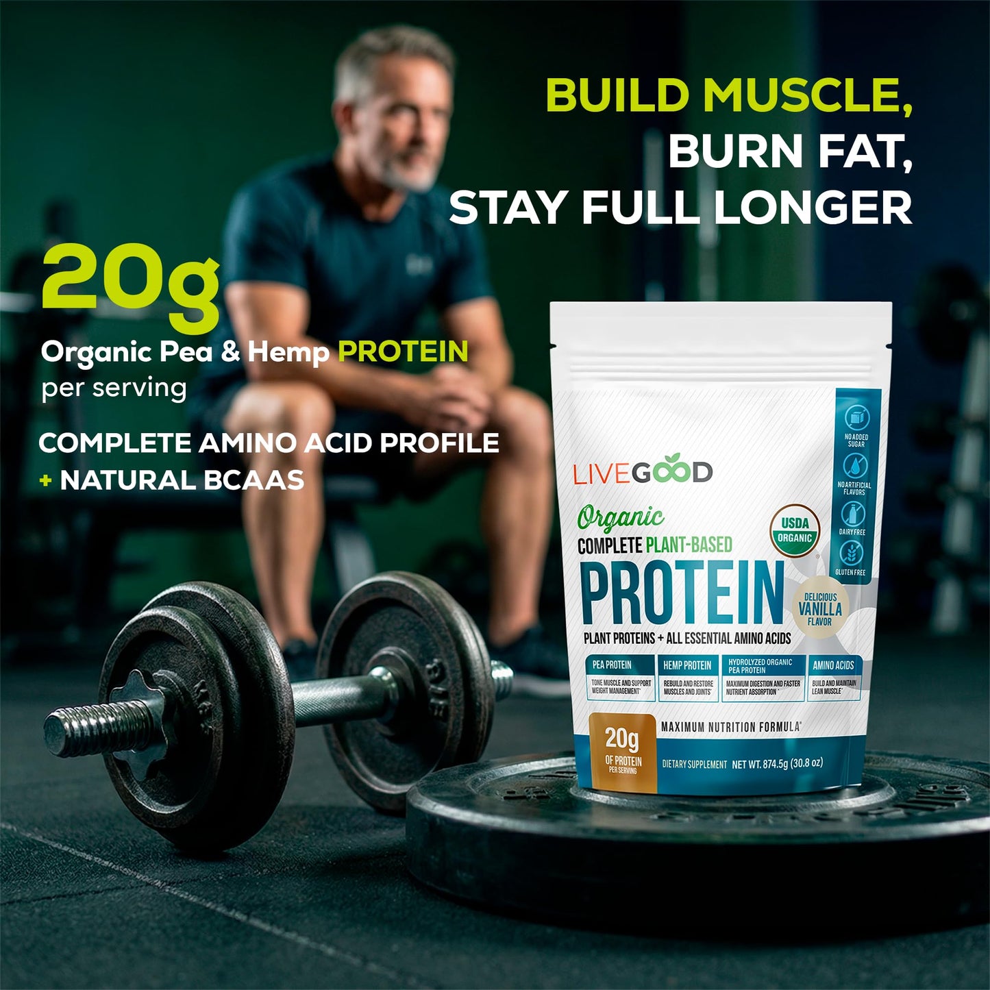 LIVEGOOD Complete Plant Based Protein Powder with Organic Pea Protein and Essential Amino Acids, Vanilla, 30 Servings