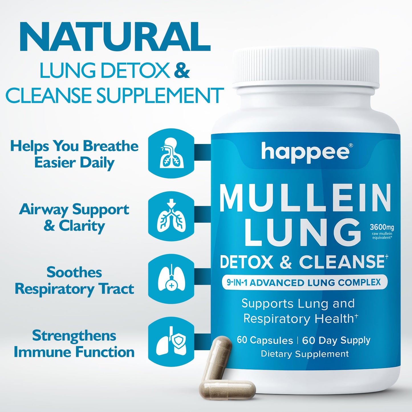 Happee Mullein Leaf Extract for Lung Detox & Cleanse 9-in-1 Lung Health Supplement with Marshmallow Root, Echinacea, Licorice & More, 60 Capsules