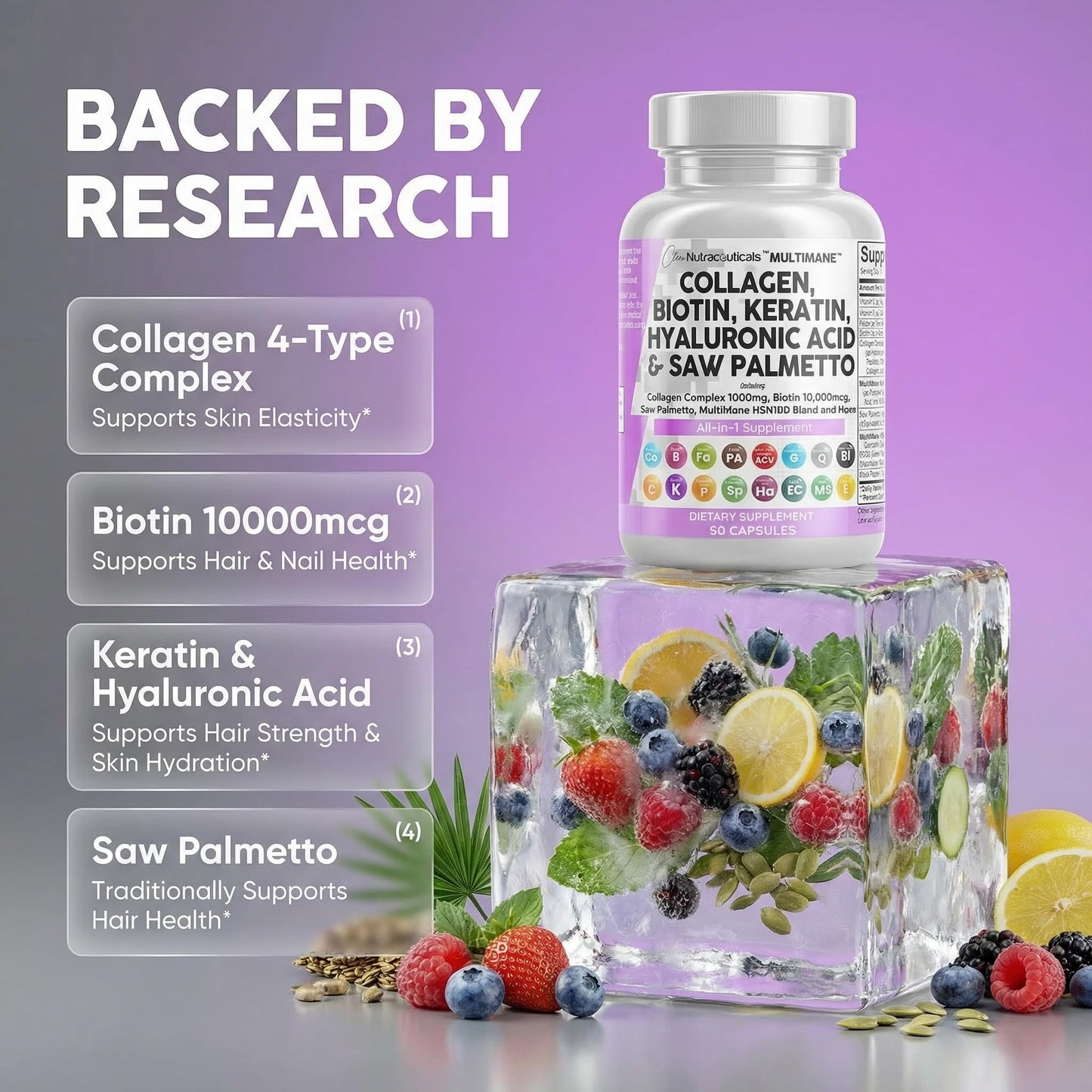 Clean Nutraceuticals Biotin 10000mcg Collagen Capsules for Hair, Skin & Nails, 90 Count