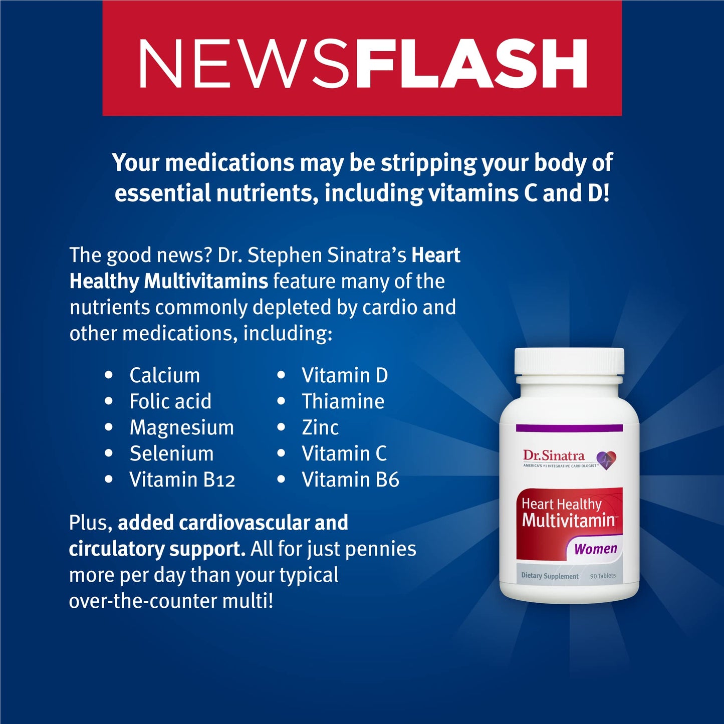 Dr. Sinatra Heart Healthy Multivitamin for Women with Vitamin D 1000 IU, A, B12, C, E, Biotin, Folate, and Zinc, 90 Tablets