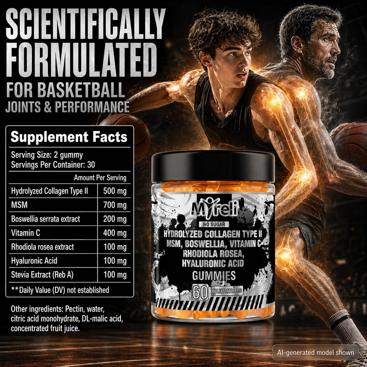 MYRELI Hydrolyzed Collagen Type II 500mg, MSM 700mg, Boswellia 200mg, Vitamin C 400mg, Rhodiola 100mg, Hyaluronic Acid 100mg, Joint Mobility & Flexibility, Vegan, Non GMO, 60 Gummies
