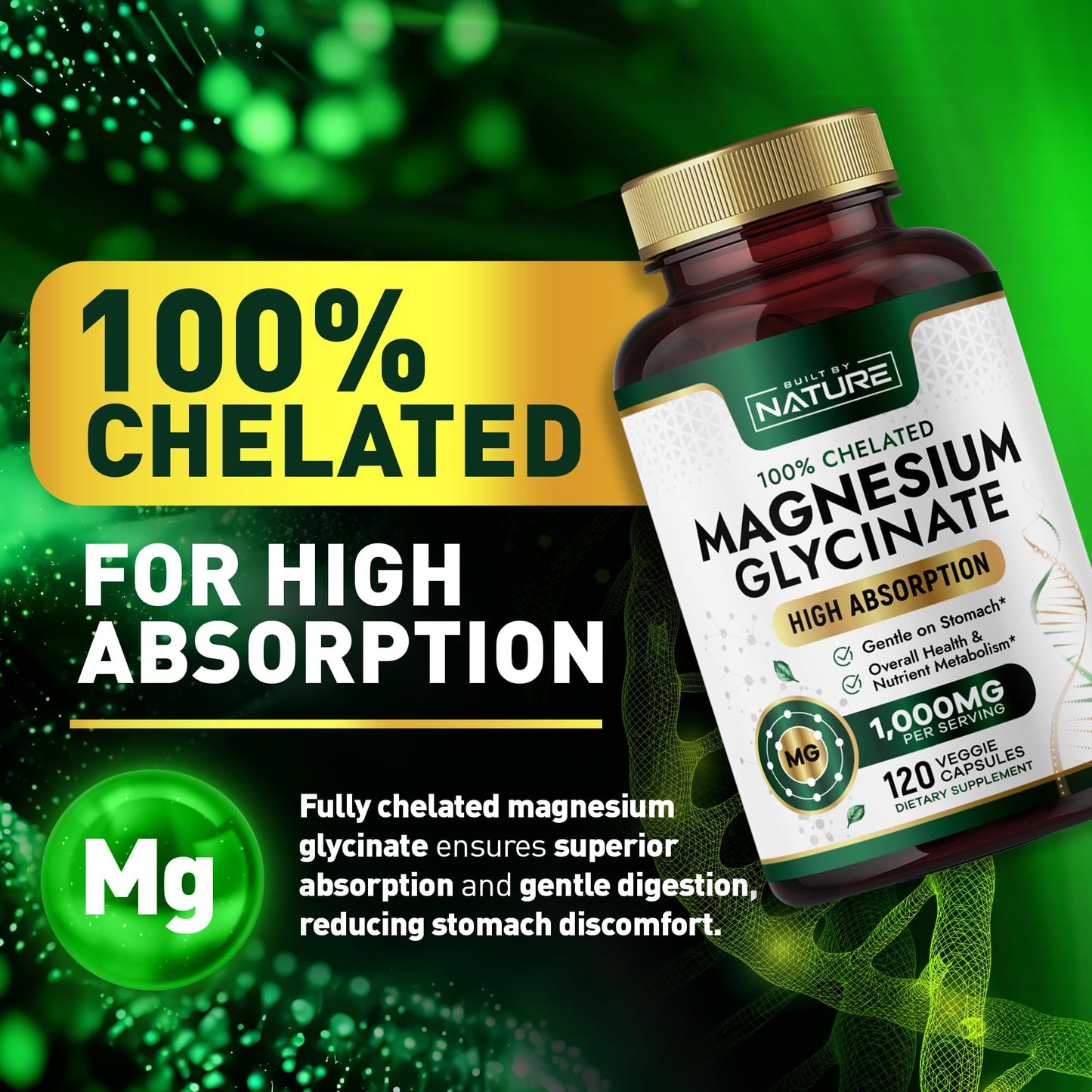 Built by Nature Magnesium Glycinate 1000mg High Absorption Magnesium Supplement – 100% Chelated, Gentle on Stomach – Muscle, Heart, Bone & Relaxation Support, Non-GMO, Vegan, 120 Capsules
