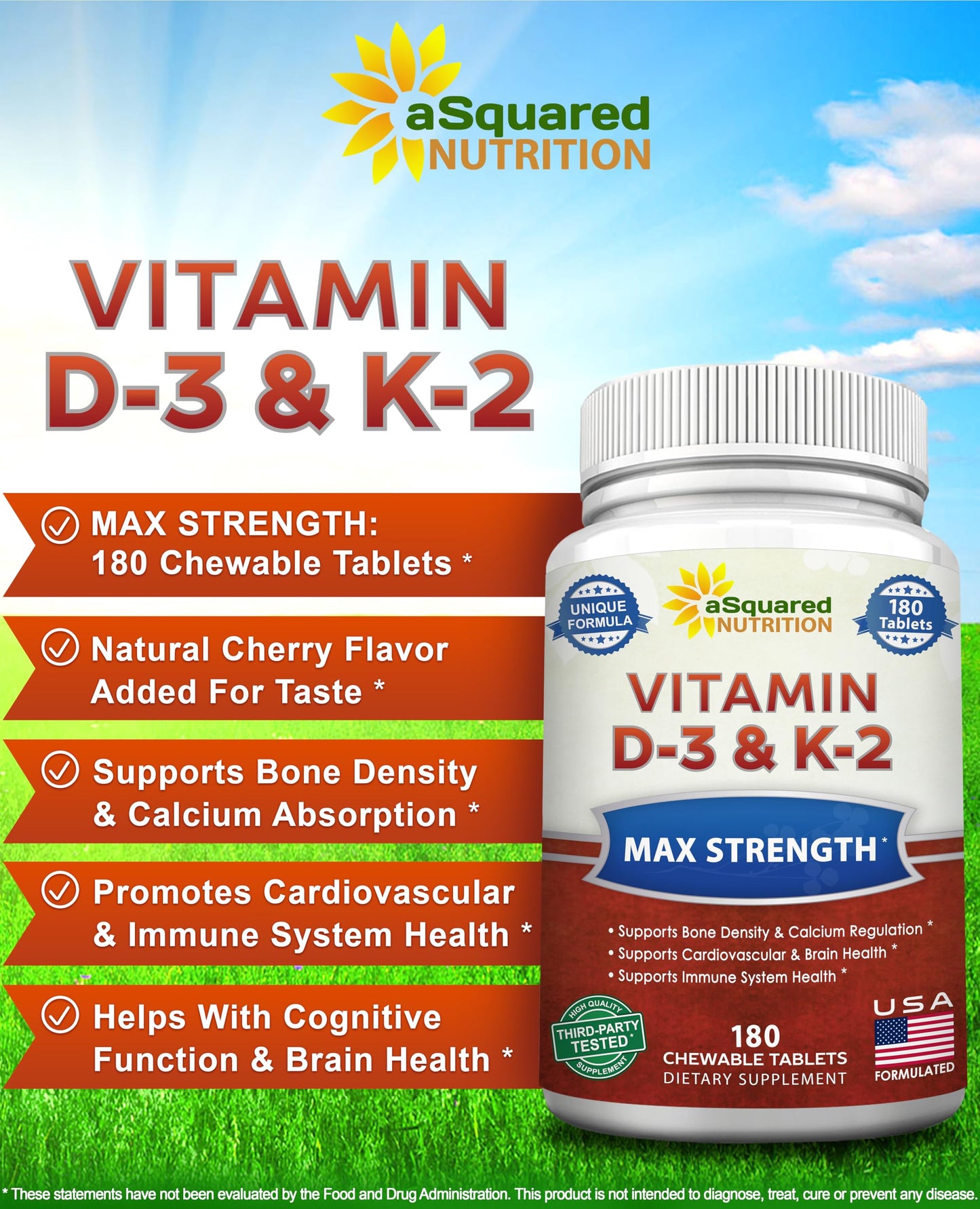 aSquared Nutrition Vitamin D3 with K2 Tablets 180 Count