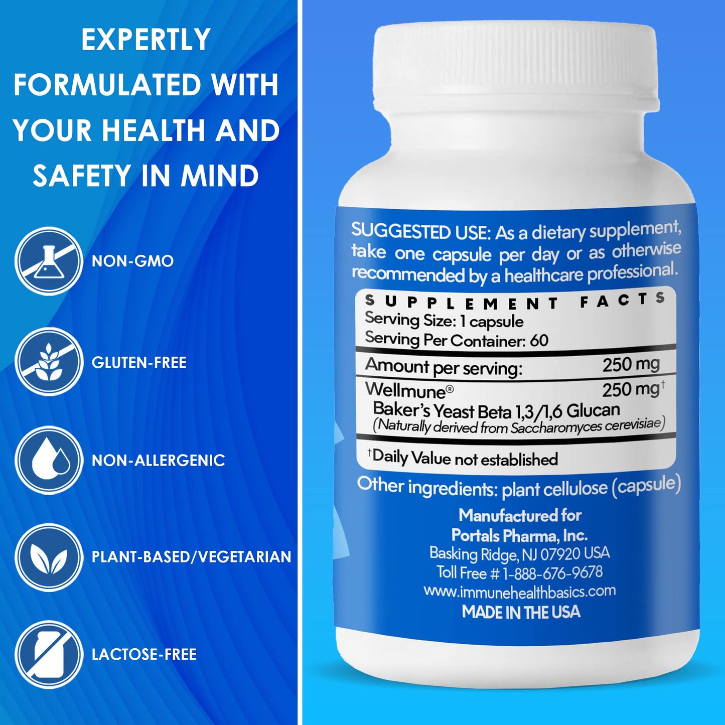 Immune Health Basics Ultra Strength Immunity - Clinically Proven Immunity Support - Wellmune Highly Purified Beta Glucan - Gluten-Free, Non-allergenic, Non-GMO and Vegan Capsules, 60 Capsules