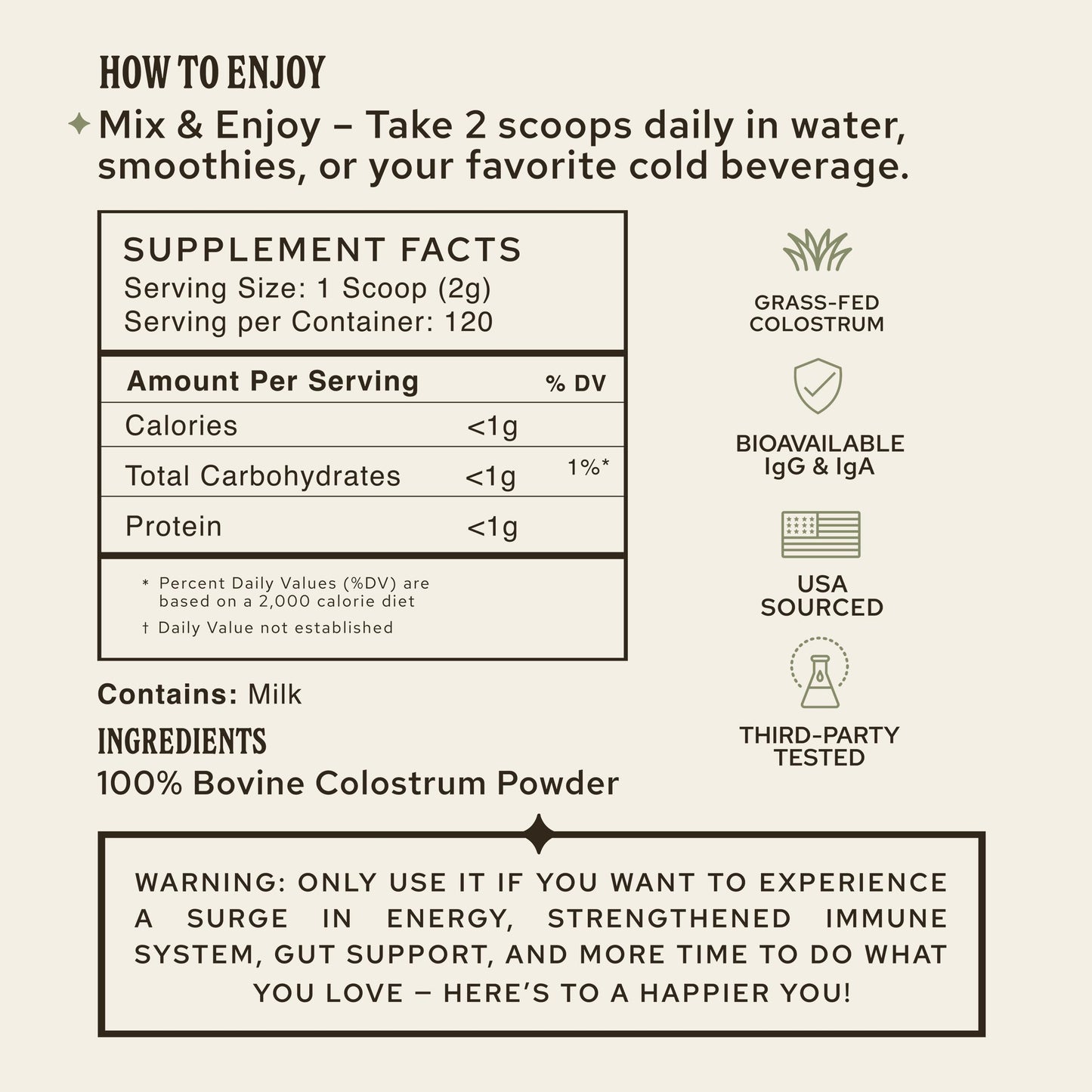 HONOR Supplements 100% Grass-Fed Bovine Colostrum Powder, 60 Servings
