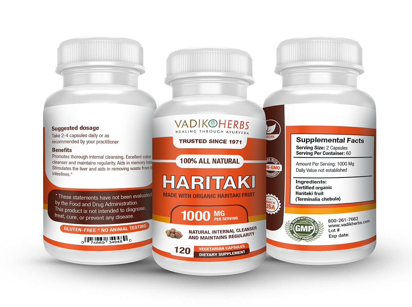 Vadik Herbs Certified Organic Haritaki (Terminalia Chebula) Capsules, 100 Count