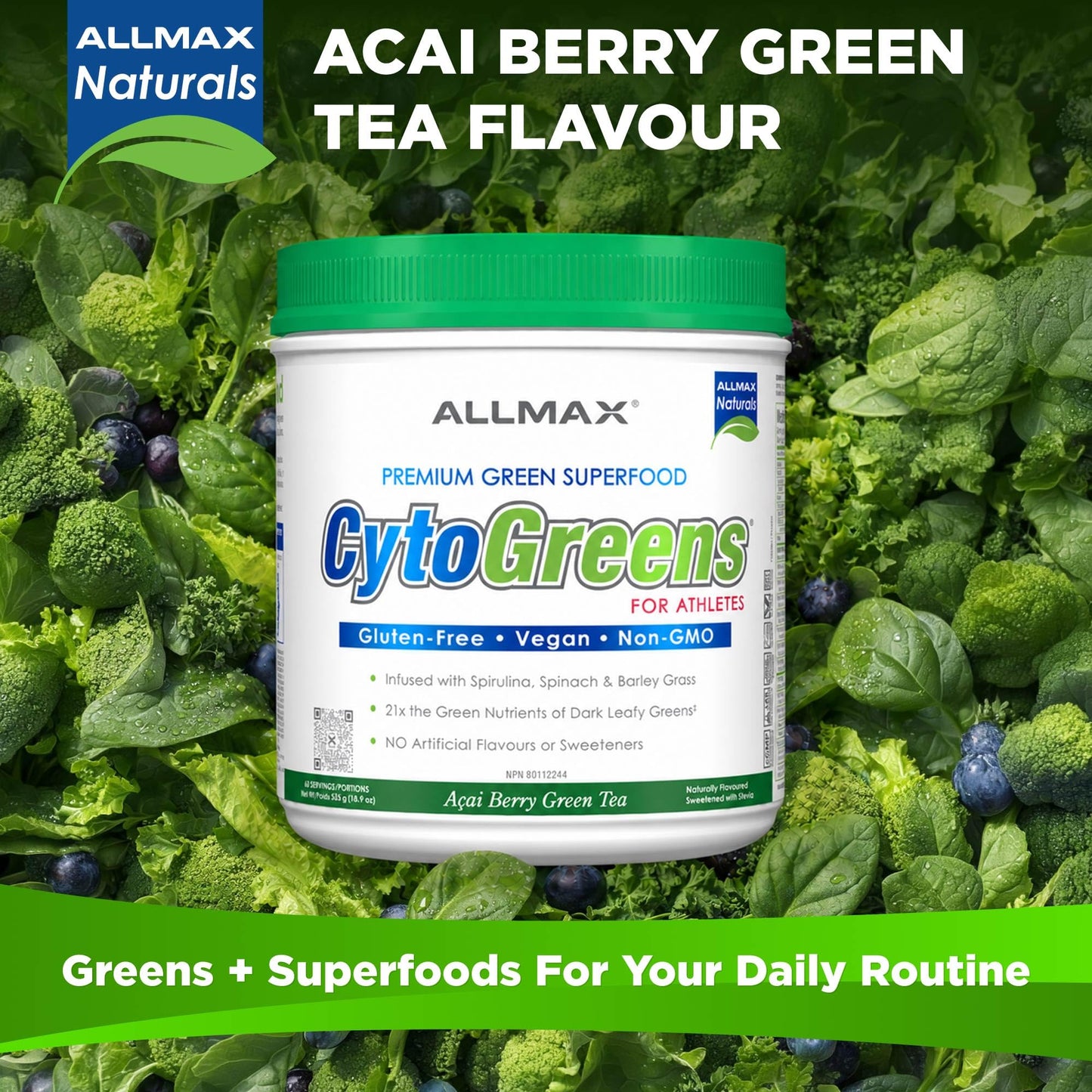 ALLMAX CytoGreens Super Greens Acai Berry Green Tea Powder 18.9 oz