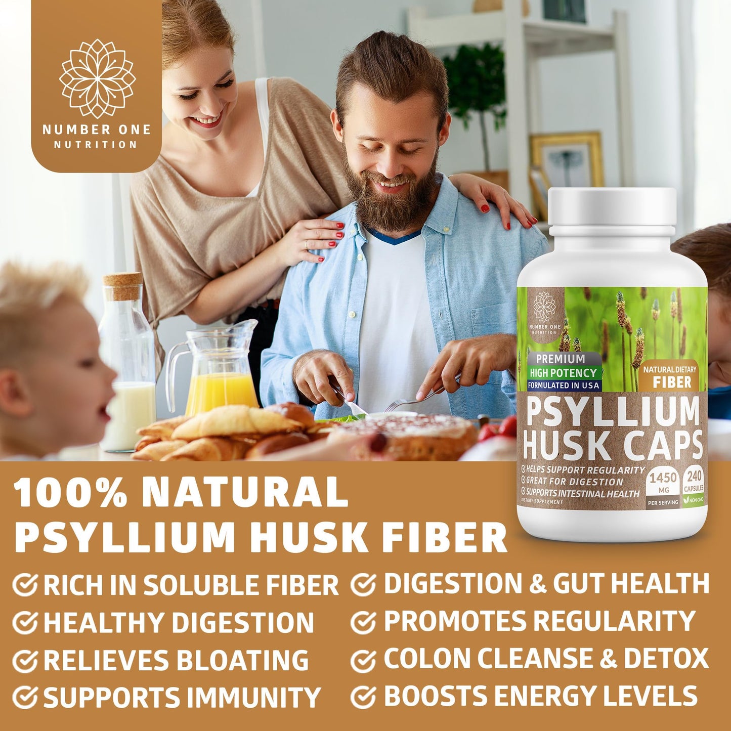 Number One Nutrition Psyllium Husk Capsules 1450mg, 240 Count