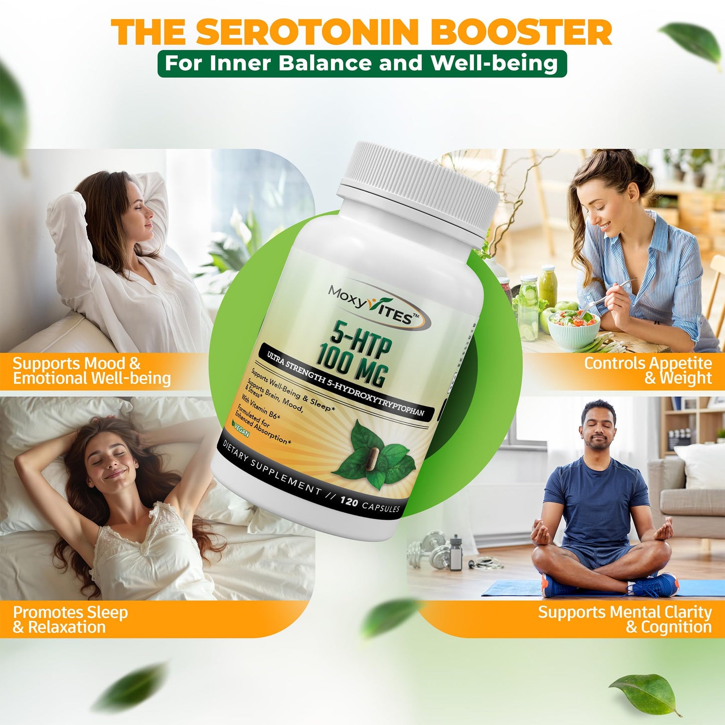 MoxyVites 5HTP 100mg Supplement with B6, Organic Whole Food, Non-GMO, 120 Vegan Capsules