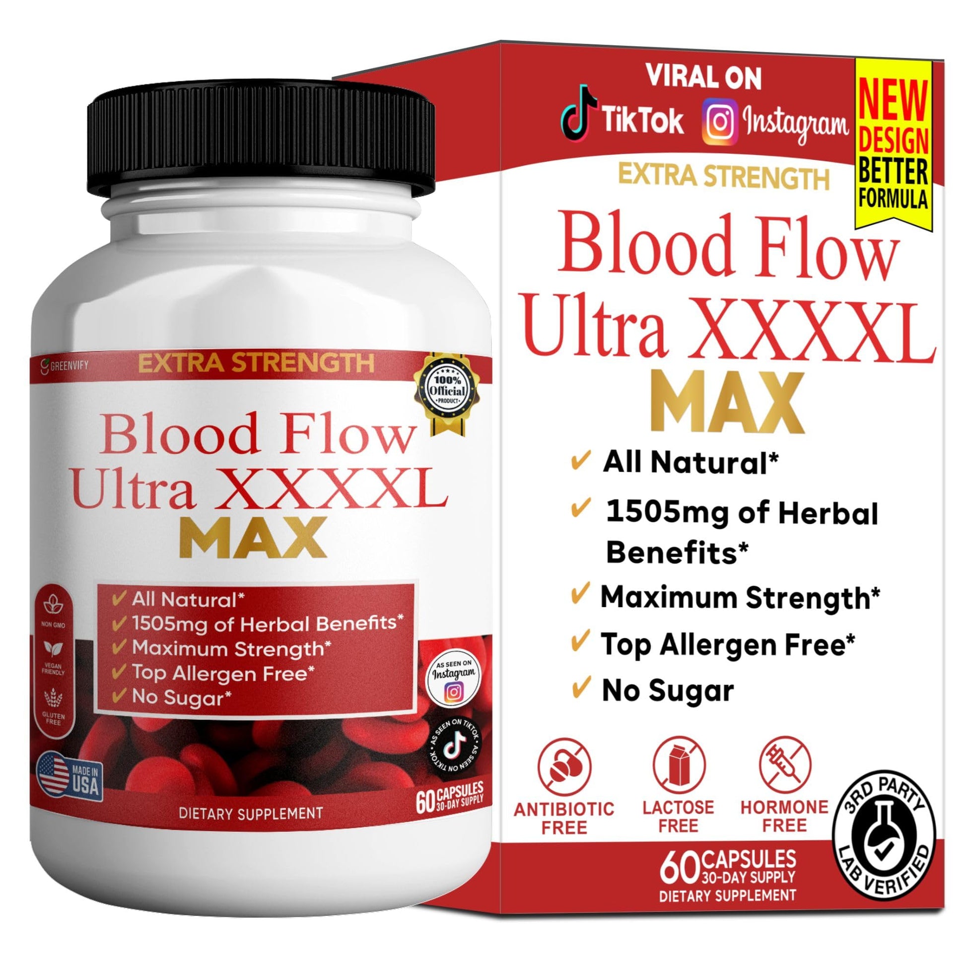 GREENVIFY Blood Flow Ultra XXXL Max Extra Strength Maca Root Complex 60 Capsules