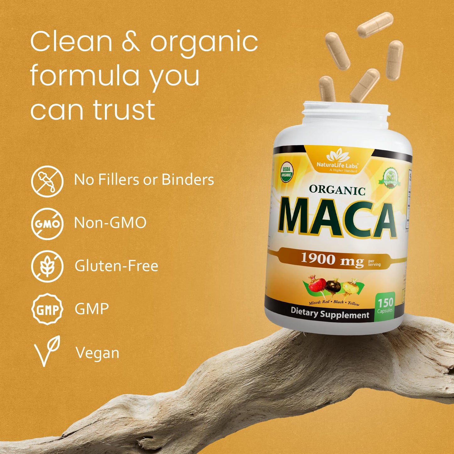 NaturaLife Labs Organic Maca Root – Black, Red & Yellow – 1900 mg per Serving – Gelatinized Peruvian Maca – Non-GMO, Gluten-Free, Vegan, Capsules, 300 Count