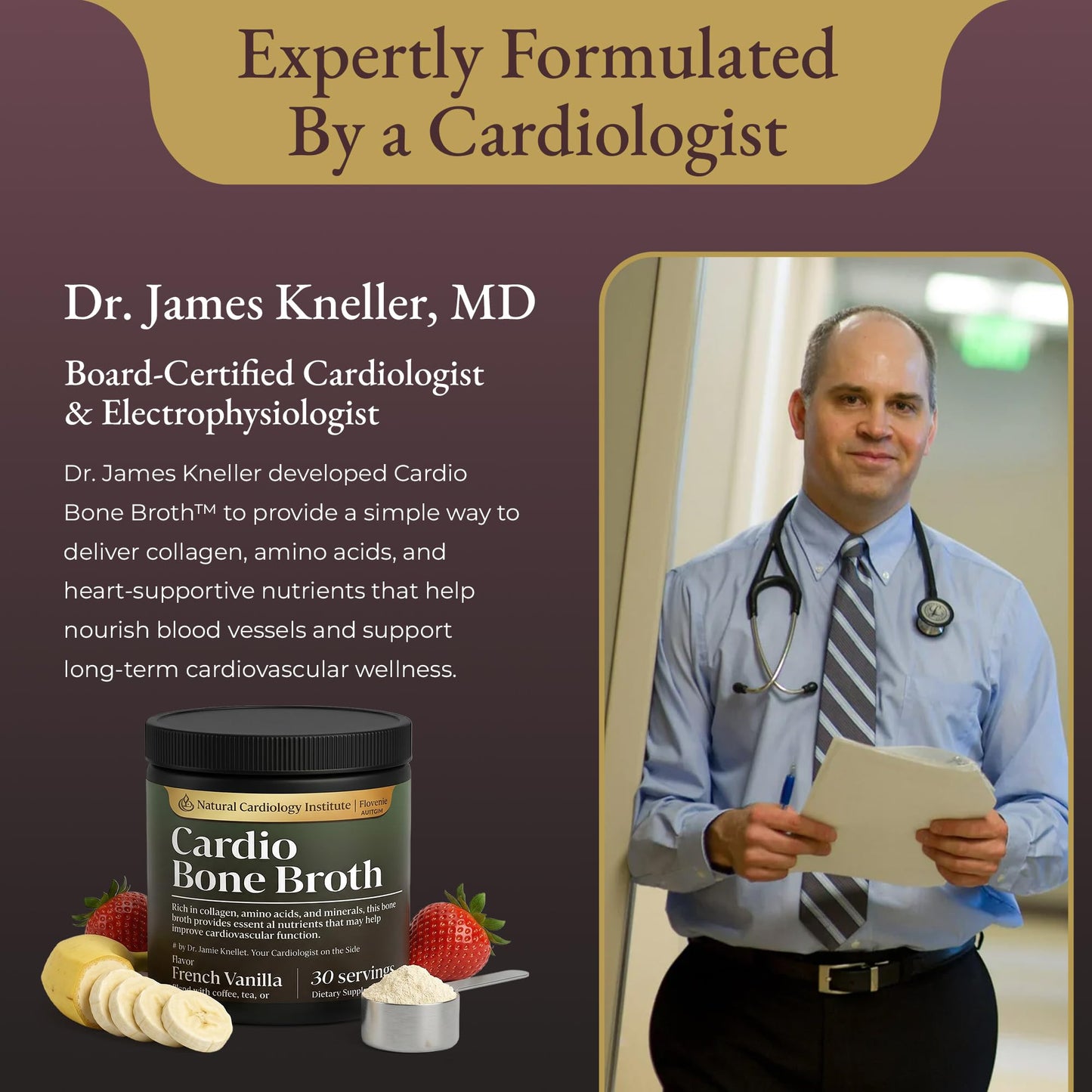 Natural Cardiology Institute Cardio Bone Broth Protein Powder with Collagen Peptides, Vanilla Flavored, 17.4 oz