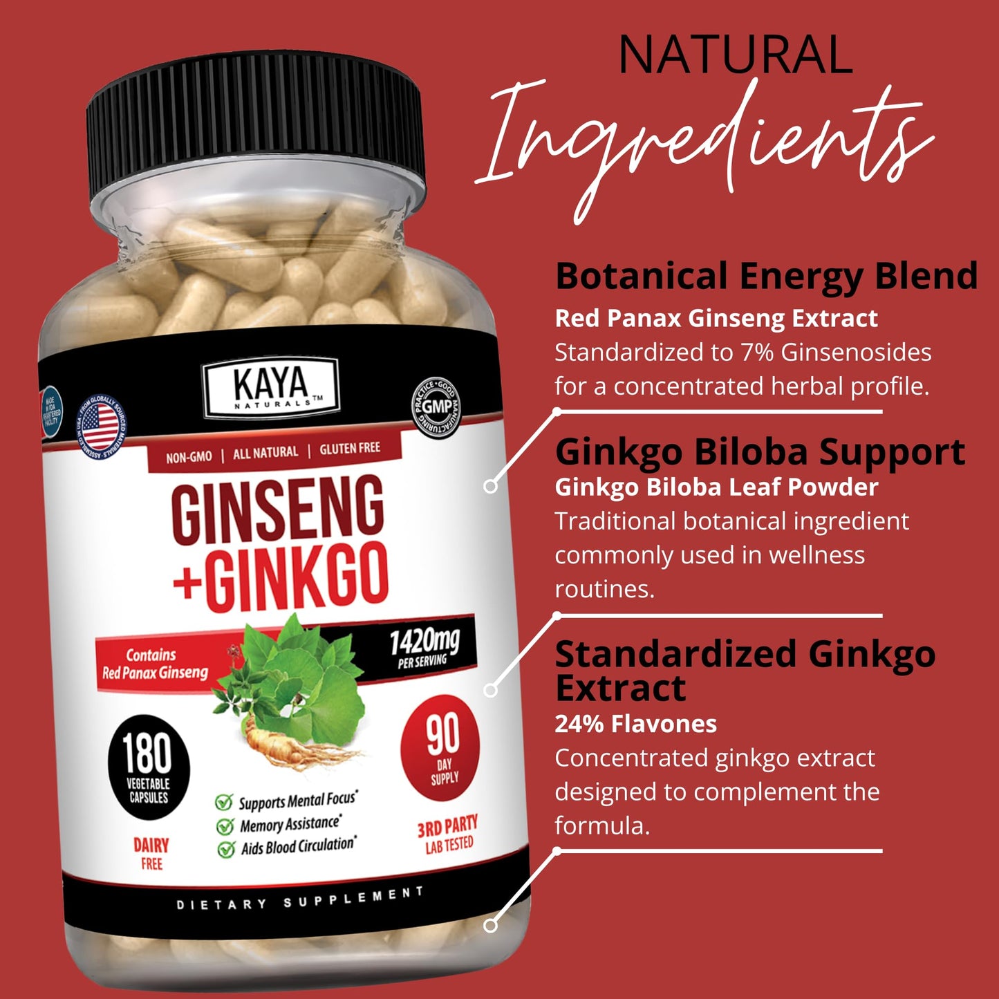Kaya Naturals Ginkgo Biloba with Red Panax Ginseng Capsules, 180 Capsules