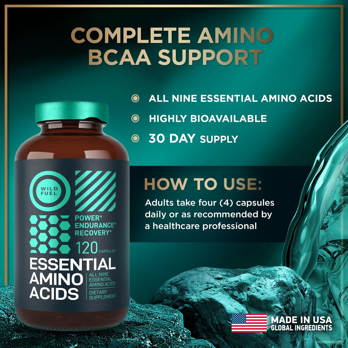 WILD FUEL Essential Amino Acids Supplement - All 9 EAAs with BCAAs - 3,000mg Per Serving - Muscle Growth, Power, Recovery - 120 Capsules