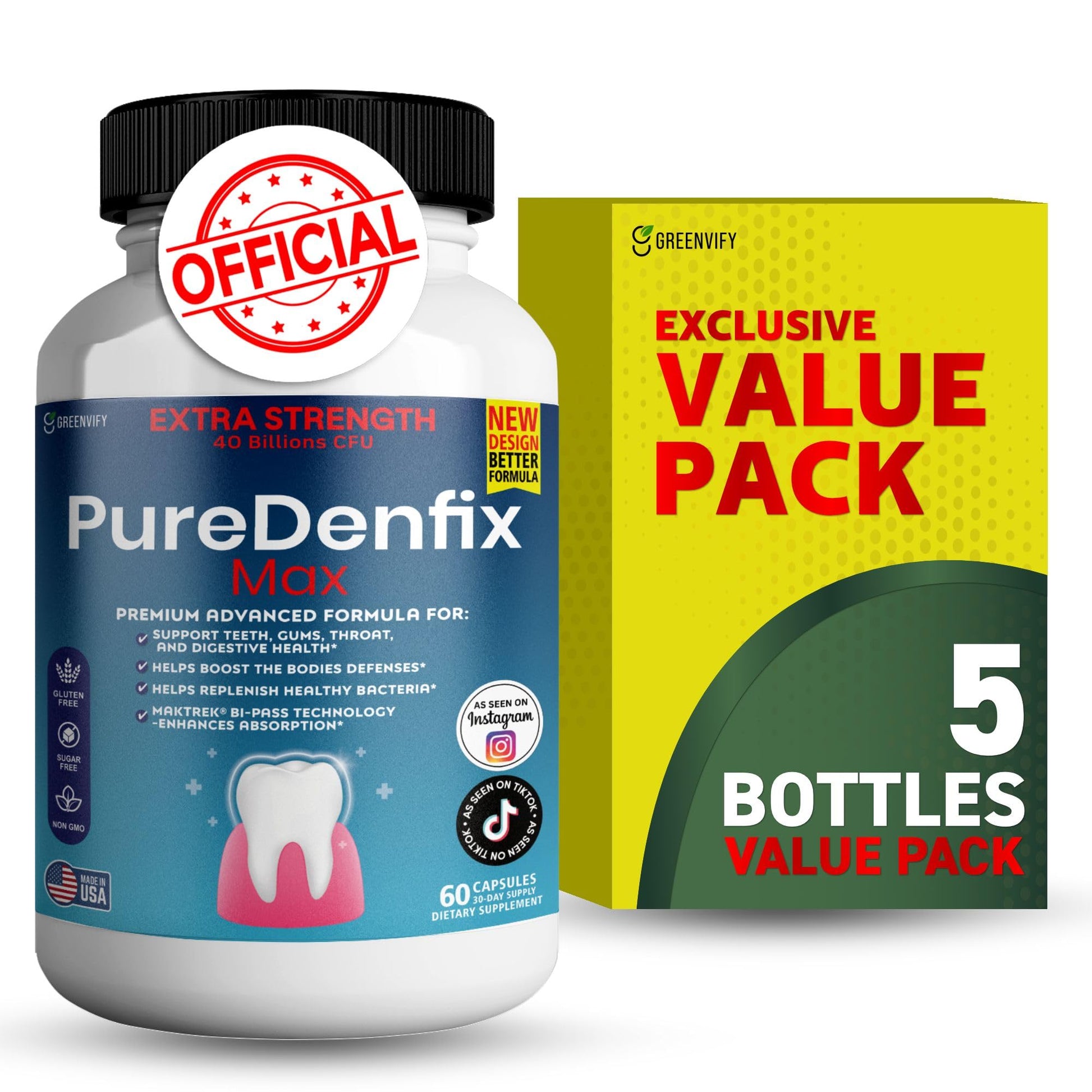 PureDenfix Max Extra Strength Probiotic Supplement with 40 Billion CFU, 300 Capsules