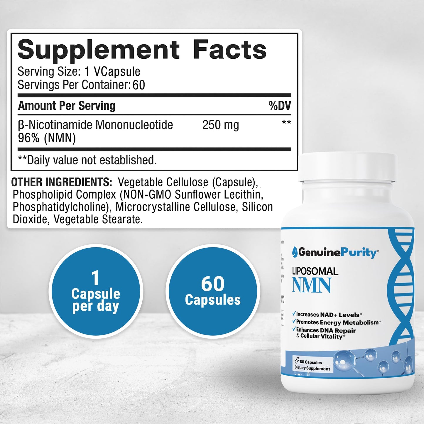 GenuinePurity 250mg Liposomal NMN Supplement Capsule, 60 Vegan Capsules