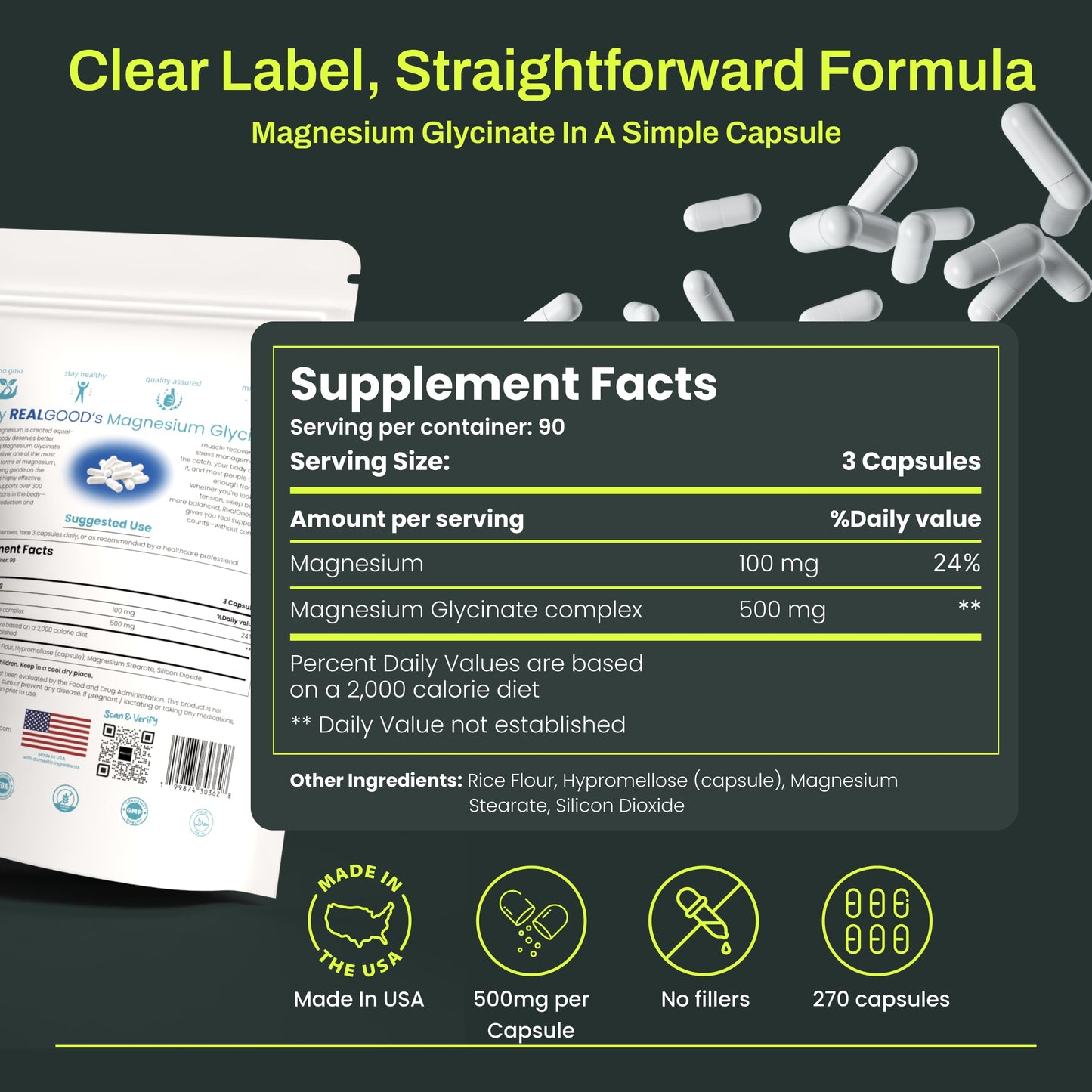 REAL GOOD ESSENTIALS Magnesium Glycinate 500mg Capsule, 270 Count