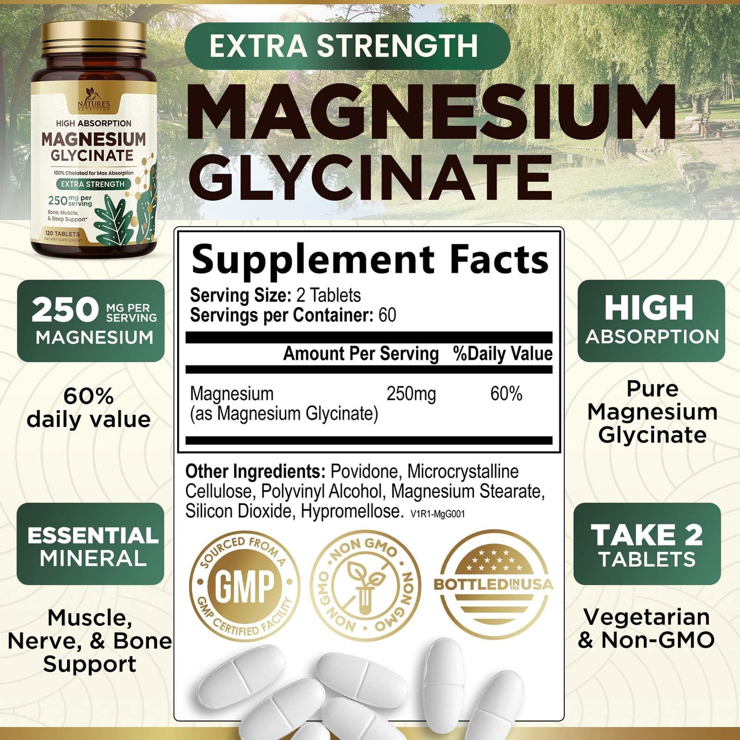 Nature's Nutrition Magnesium Glycinate 250mg Tablet, 120 Count