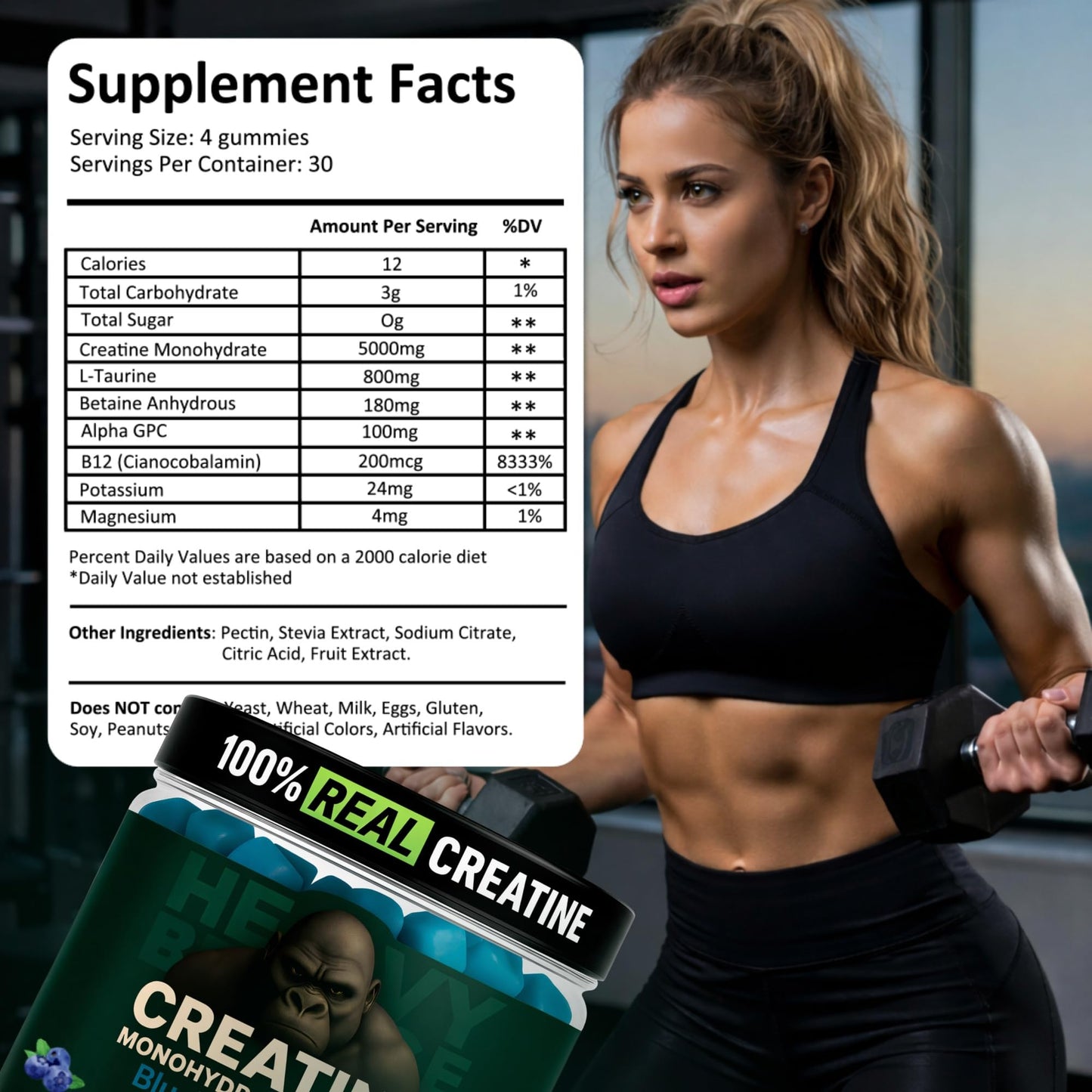 Heavy Balance Creatine Monohydrate Gummies Sugar Free with Vitamin B12 and L-Taurine, Blueberry, 120 Count