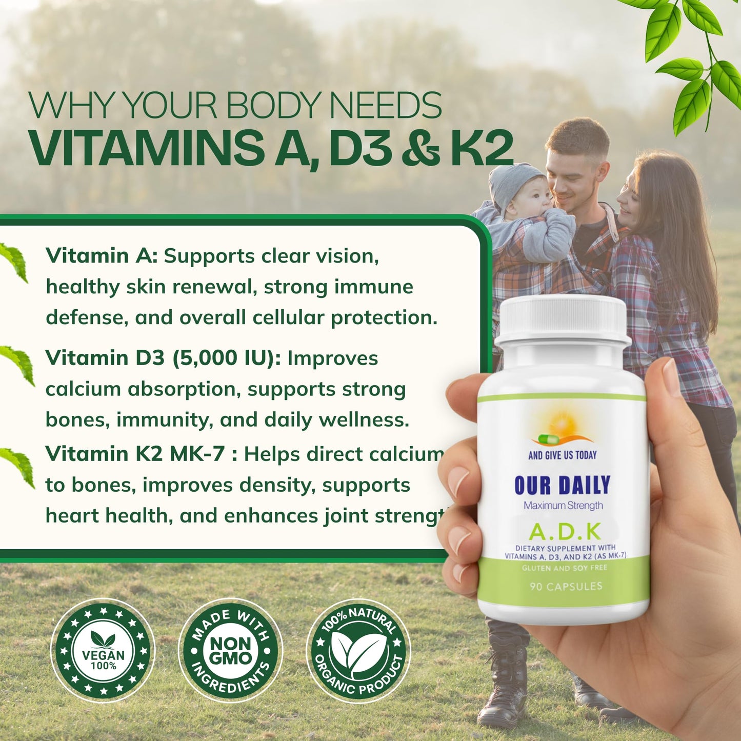 AND GIVE US TODAY OUR DAILY Daily Vites ADK Vitamin Supplement – Vitamins A, D3 & K2 (MK-7) for Bone Health, Calcium Absorption, Heart & Immune Support – Physician Formulated – Non-GMO, Gluten Free – 90 Capsules