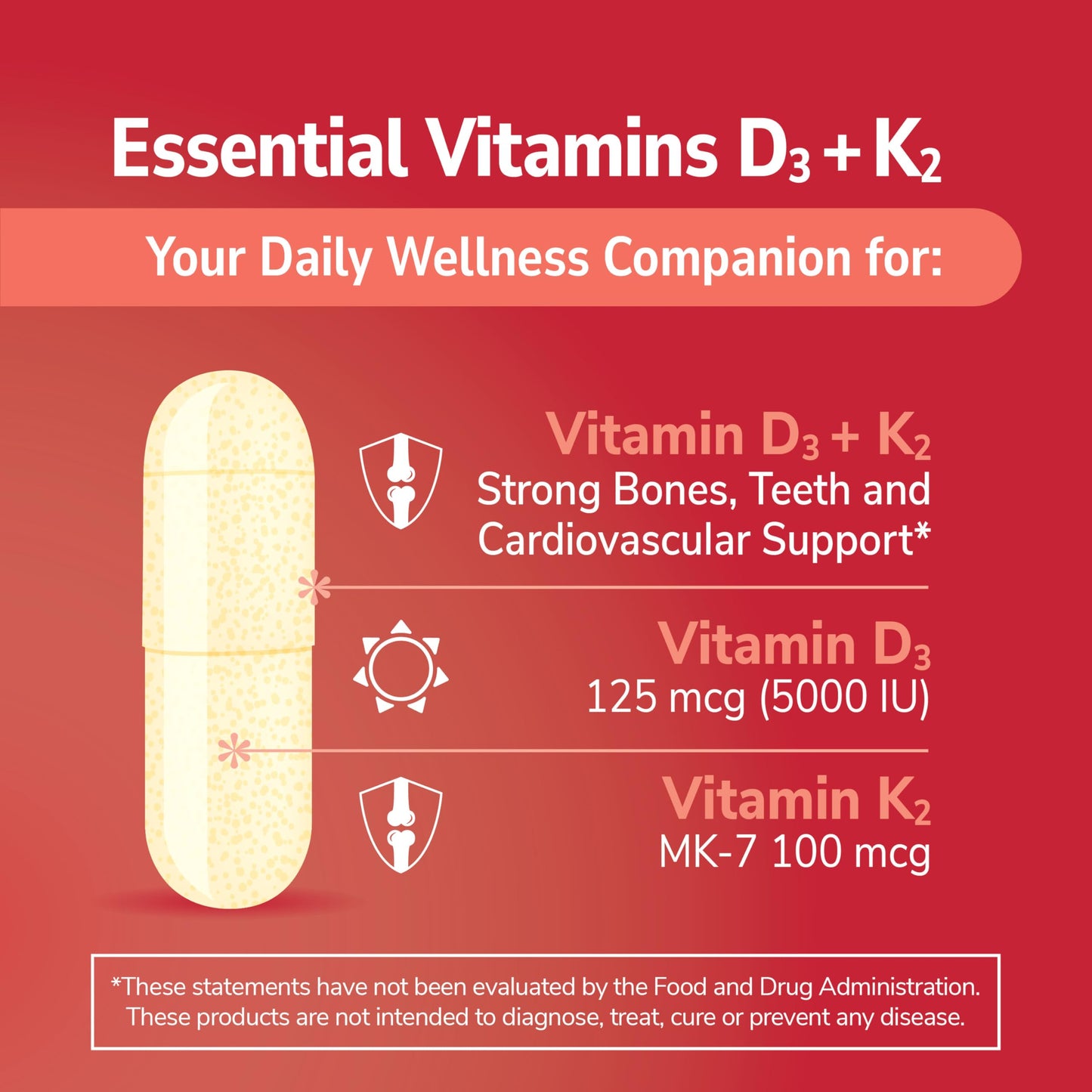 21st Century Vitamin D3 125 mcg (5000 IU) + K2 100 mcg Capsules, 120 Count