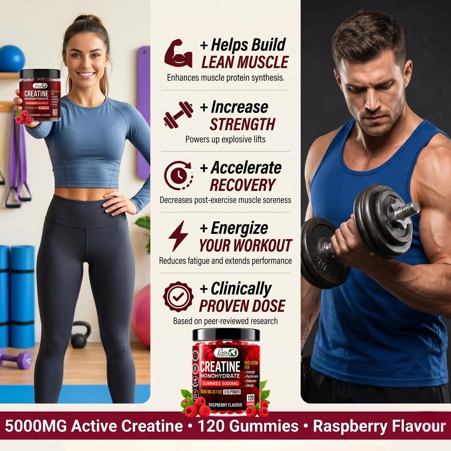 PureThiva Creatine Monohydrate Gummies 5000mg, Sugar Free Raspberry, Vegan, 120 Count, with Turmeric & Black Pepper for Muscle Strength, Energy & Endurance