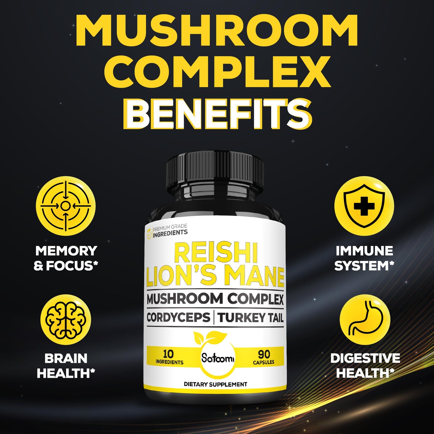 Satoomi Reishi Supplement Complex 5000mg 10-in-1 with Lions Mane, Cordyceps Sinensis, Chaga Mushroom & Others, 90 Capsules