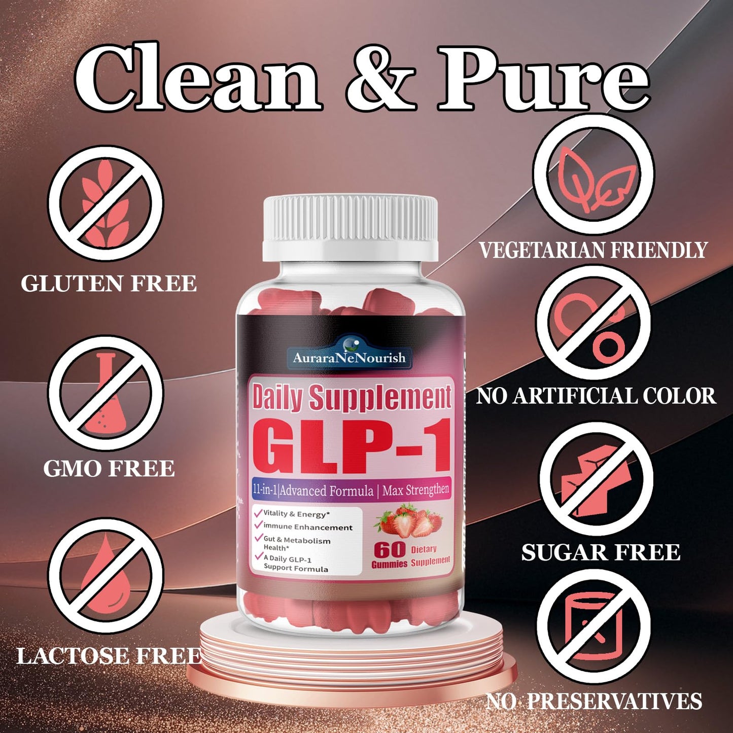 AuraraNeNourish GLP-1 Sugar Free Probiotic Gummy Supplement with Akkermansia Muciniphila, Berberine & Ceylon Cinnamon, 60 Gummies