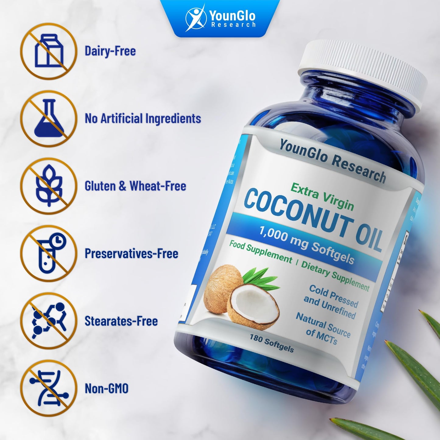 YounGlo Research Coconut Oil 1000 mg 100% Cold-Pressed Organic Extra Virgin Coconut Oil Softgel 180