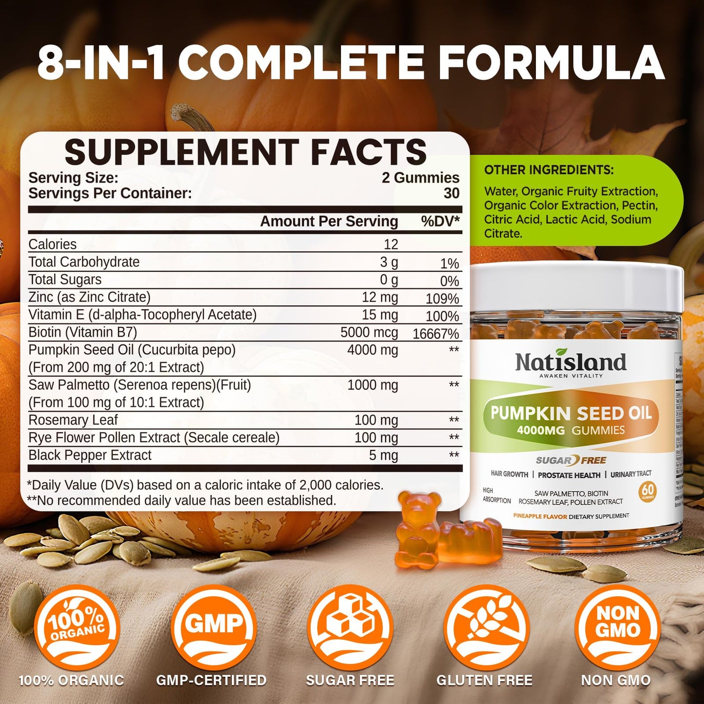 NATISLAND Pumpkin Seed Oil Gummies with Saw Palmetto, Cold-Pressed Pumpkin Seed Oil Supplement for Hair Growth, Prostate Health & Urinary Tract Support, Sugar Free, Vegan Pineapple Flavor, 60 Count