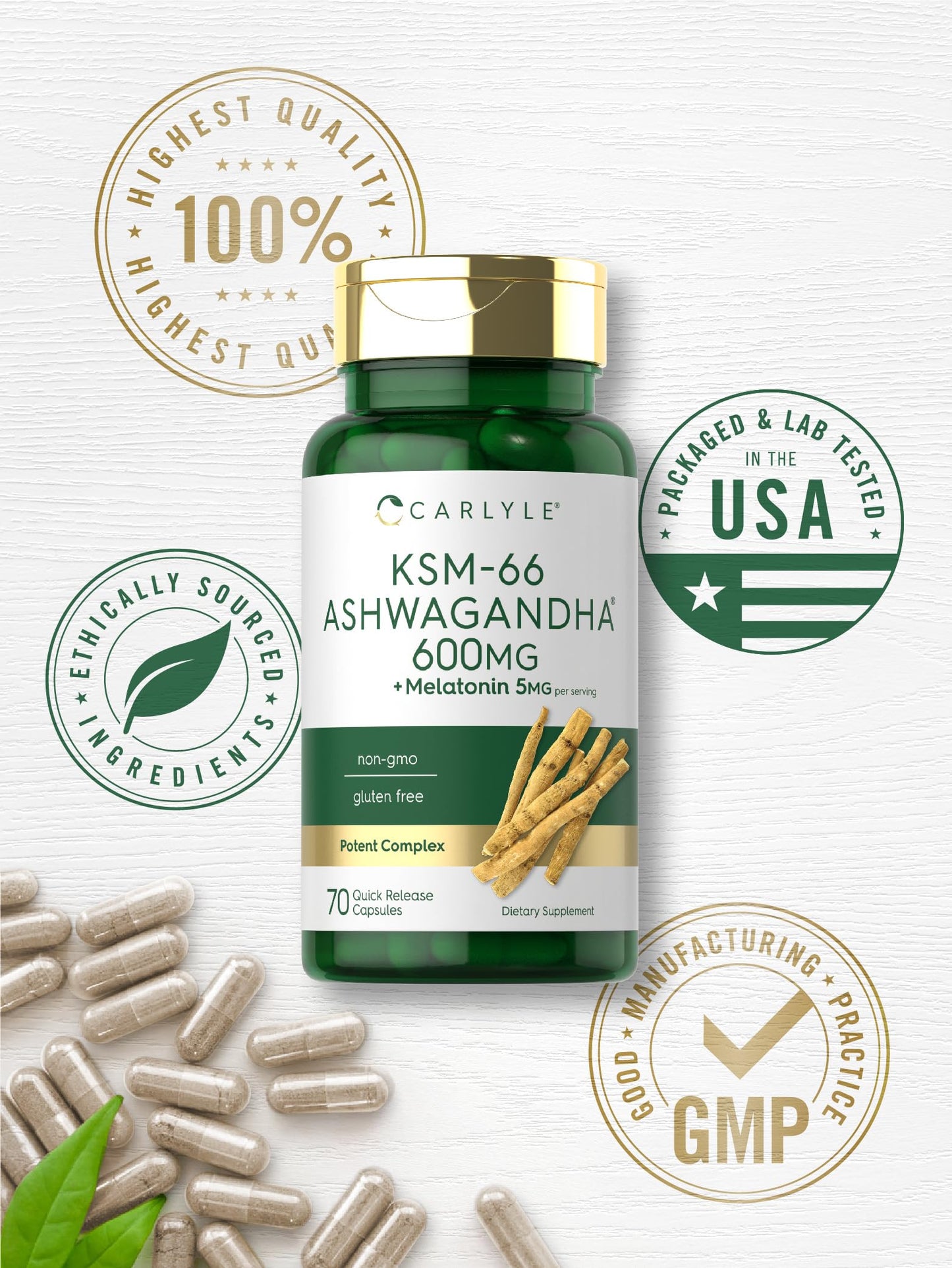 Carlyle KSM-66 Ashwagandha Capsules 600mg with Melatonin 5mg Potent Complex Non-GMO Gluten Free, 70 Count