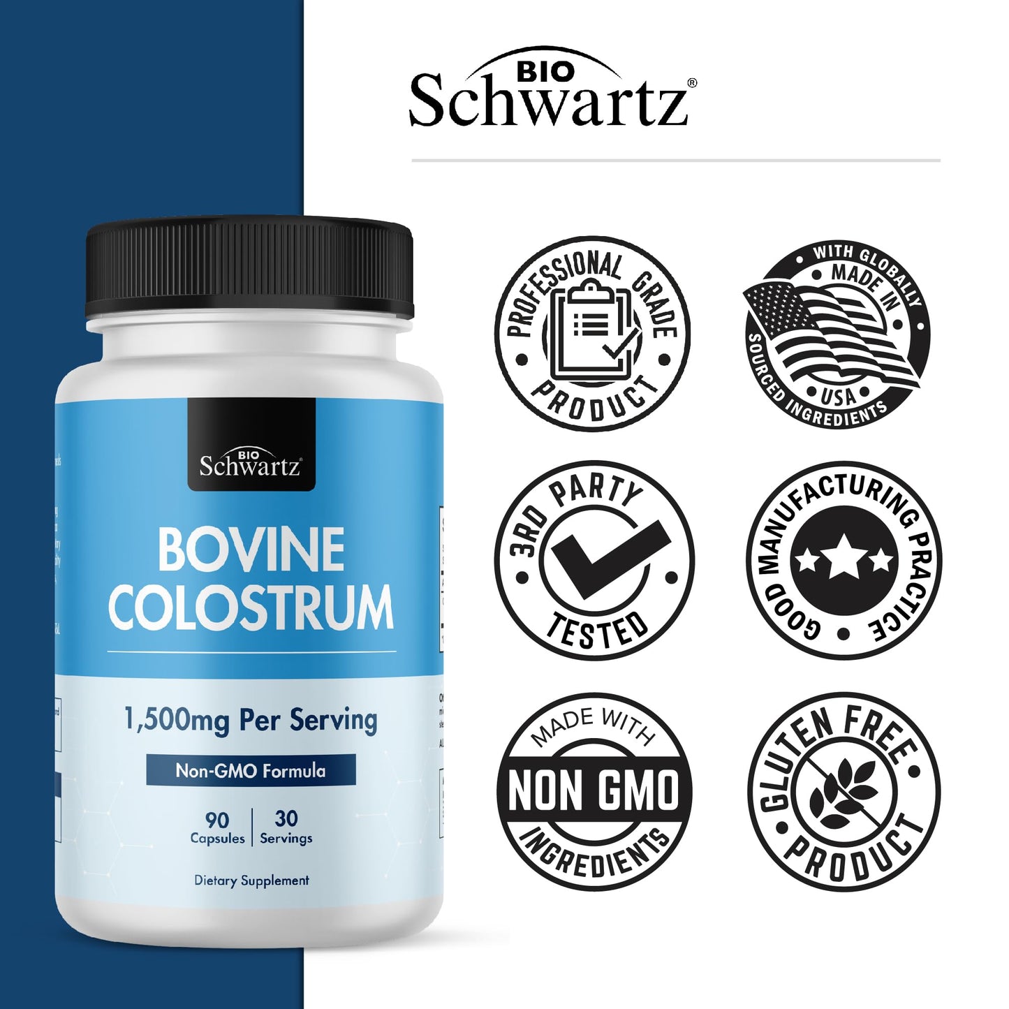 BioSchwartz Colostrum Supplement Extra Strength 1500mg Per Serving Grass Fed Colostrum Capsules, Non-GMO, Gluten Free, 90 Count
