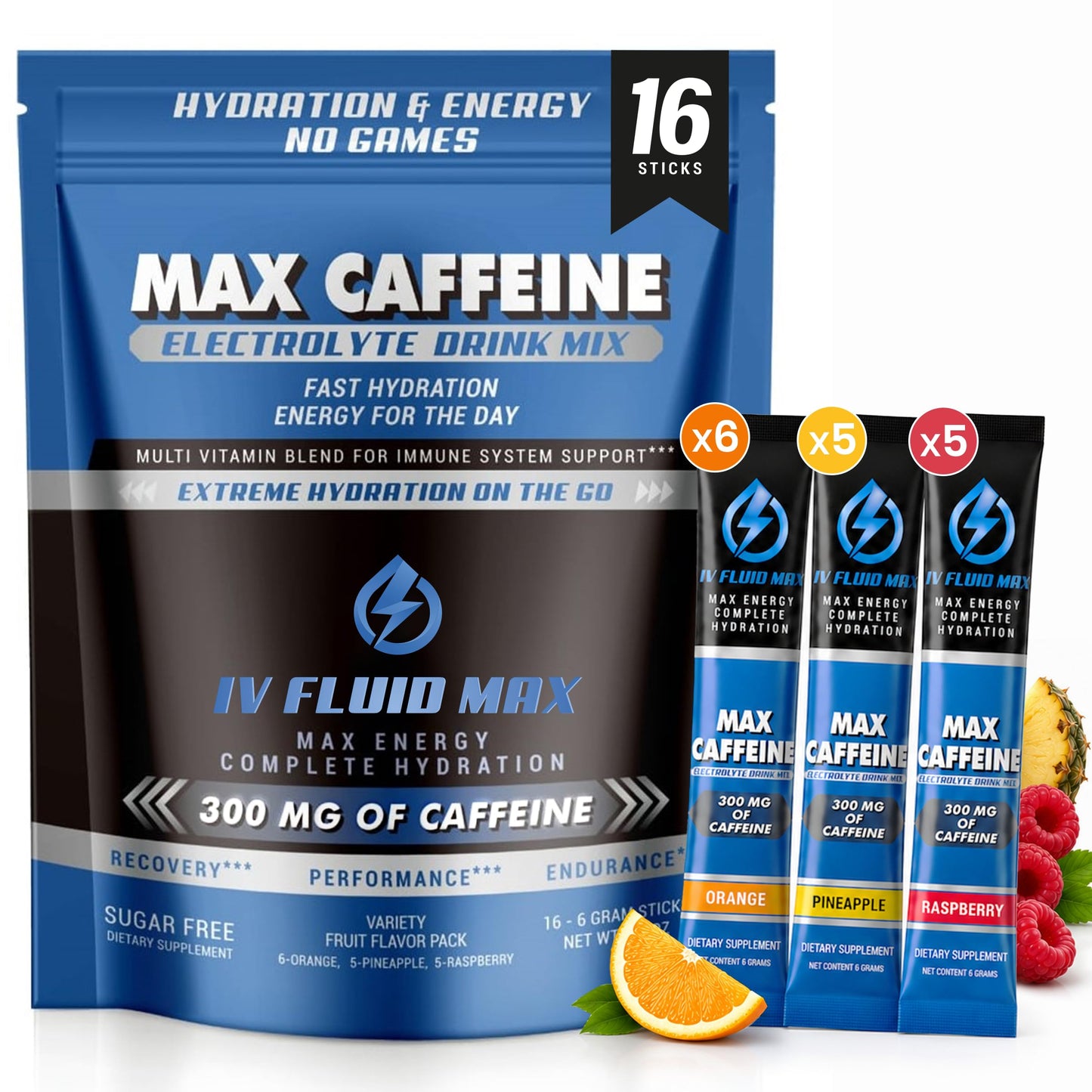 IV FLUID MAX Electrolyte Powder Packets with 300mg Caffeine, 3.5