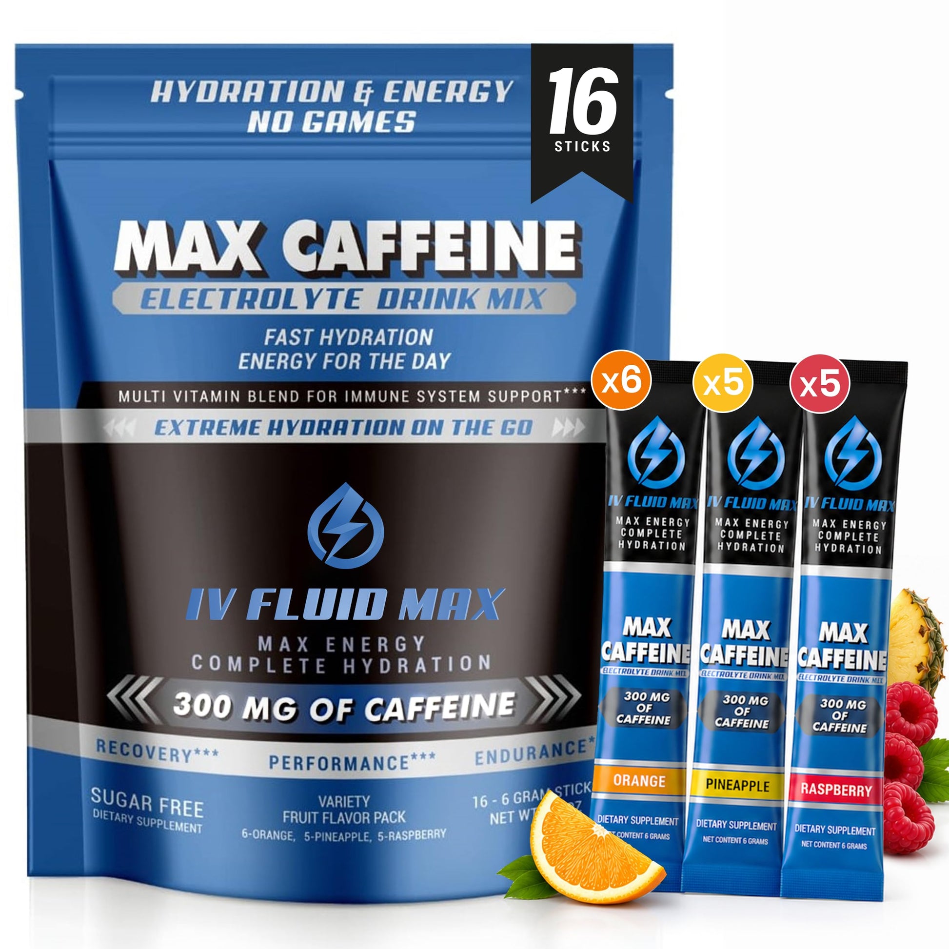 IV FLUID MAX Electrolyte Powder Packets with 300mg Caffeine, 3.5