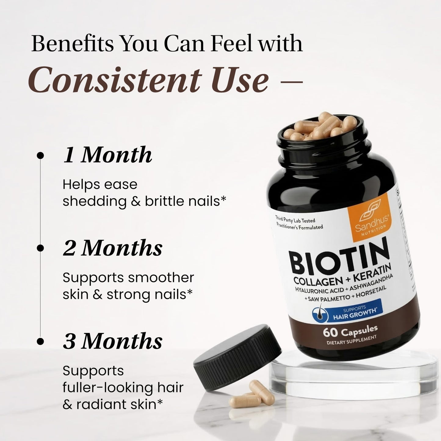 Sandhu's Biotin 6000mcg Collagen Keratin Hair Skin Nails Supplement Capsules, 120 Count